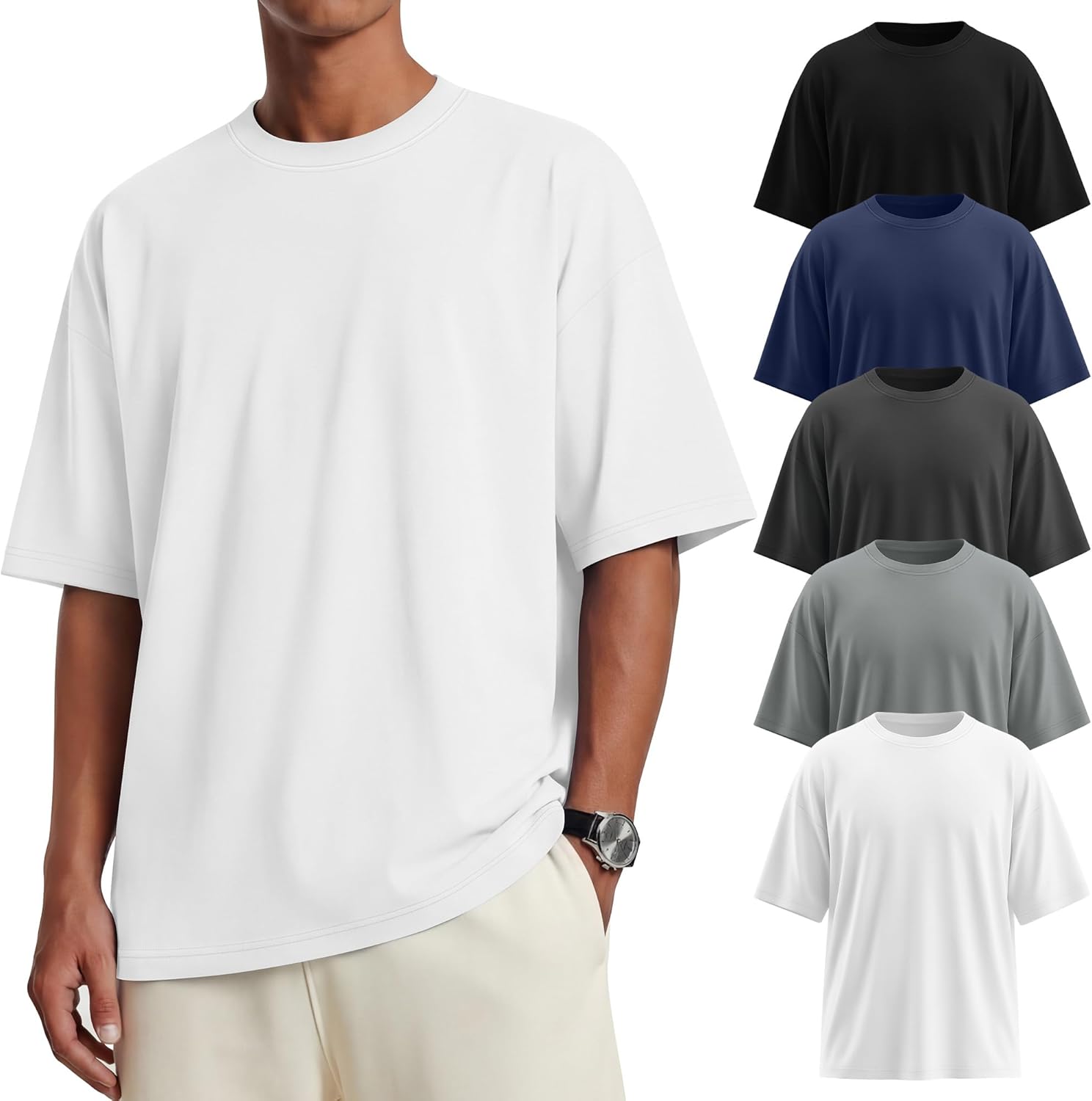 Neer 5 Pack Men's Oversized T-Shirts Loose Fit Gym Short Sleeves Drop Shoulder Tops Fashion Streetwear Workout Baggy Tees