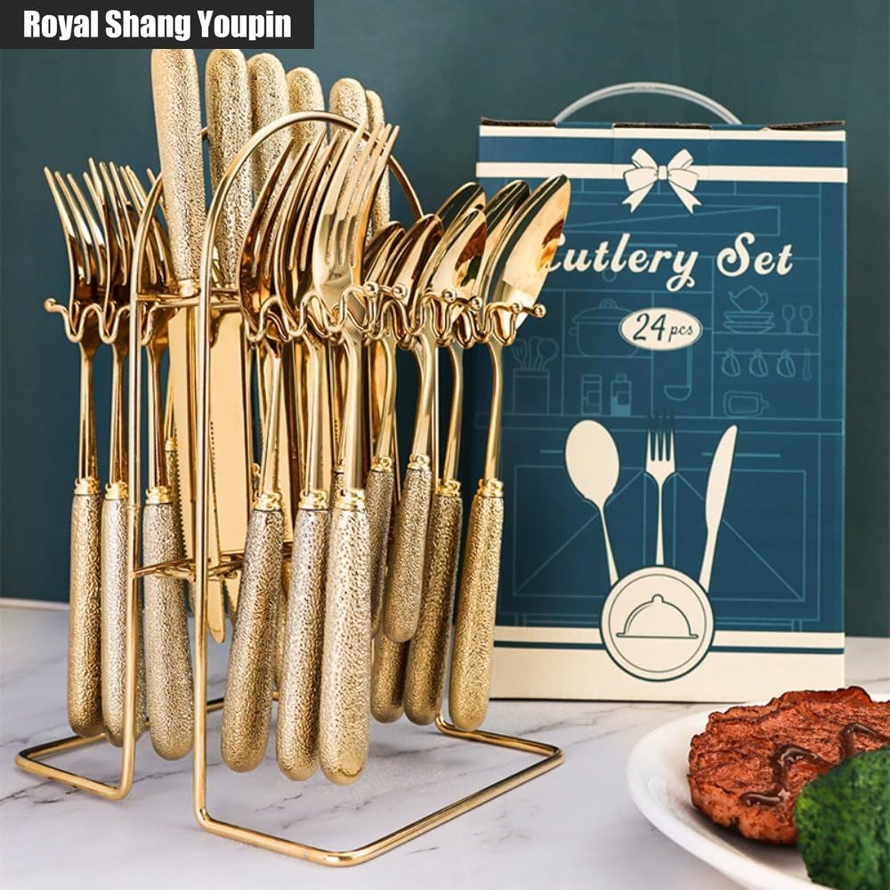 24 Pezzi Martello Grano Manico in Ceramica Cucina Acciaio Inossidabile Posate Stoviglie Posate Coltelli Forchette Cucchiai Set Per 6 Persone (Oro)