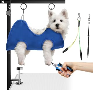 Josmimic Foldable Dog Grooming Arm with Clamp: Adjustable 26-40", Hammock & No-Sit Holder for Small Medium Dogs