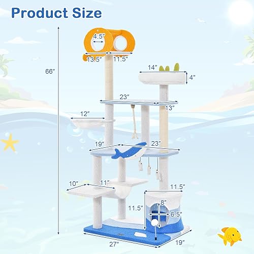 Miniatura 3 de Tangkula Árbol para gatos con temática oceánica, torre para gatos de 3 niveles con postes rascadores de sisal, condominio, perca, hamaca, juguetes