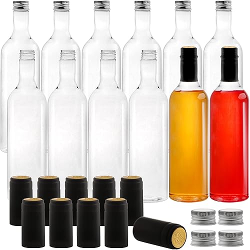WUWEOT Paquete de 12 botellas de vino de plástico, botellas de licor vacías transparentes estilo burdeos de 25.4 fl oz con tapa de rosca y tapas