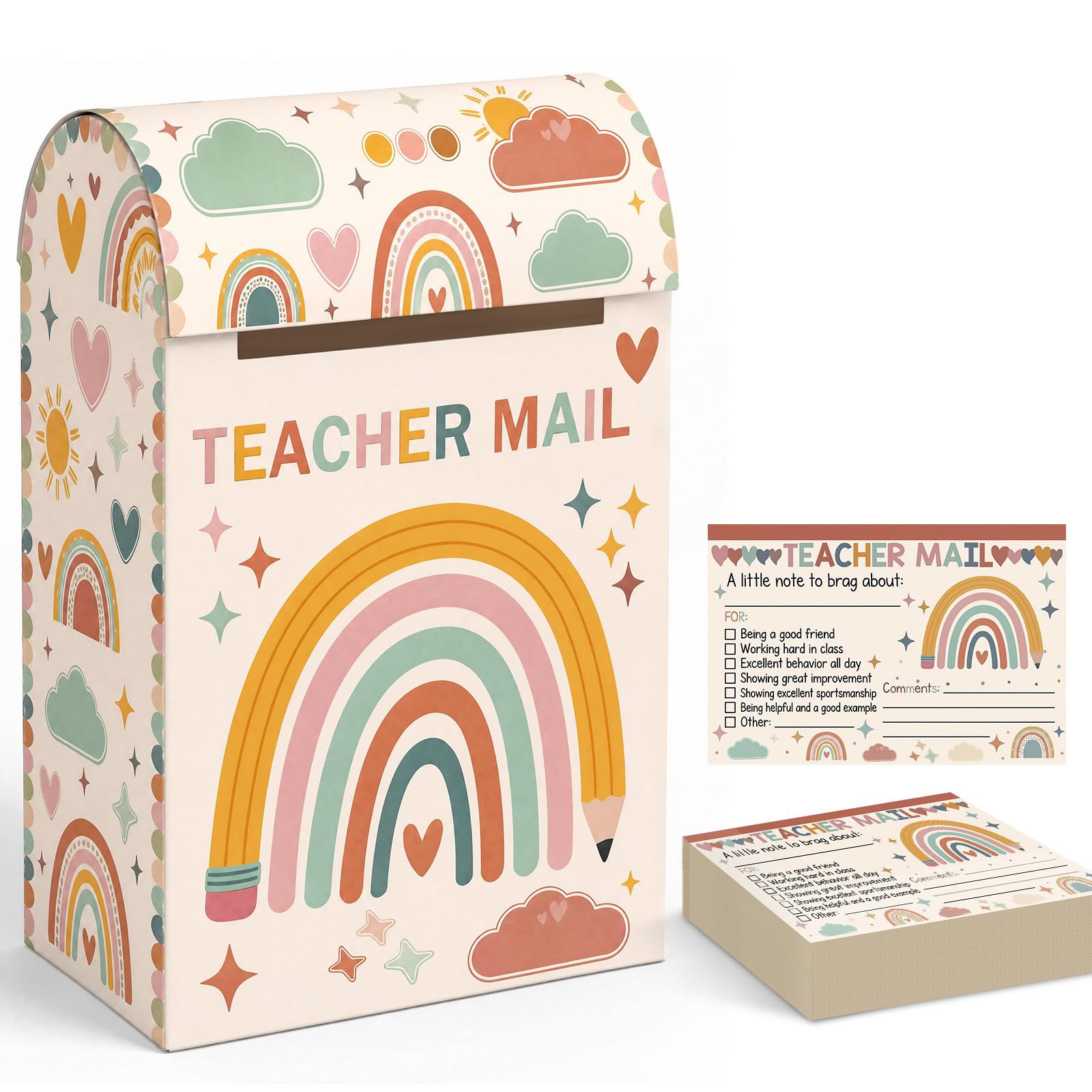 Capoda Teacher Mailbox with 50 Pcs Note Cards Boho Classroom Mail Box Encouragement Cards Rainbow Social Emotional Learning Systems School Positive Students Reward Activities Tools (Cream)