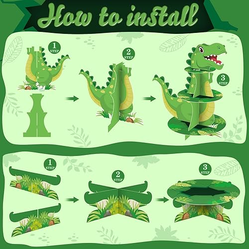 Miniatura 4 de Weewooday Juego de 5 soportes para cupcakes de dinosaurio, 1 torre para cupcakes de dinosaurio de 3 niveles, 2 soportes para cupcakes de 1 nivel, 2