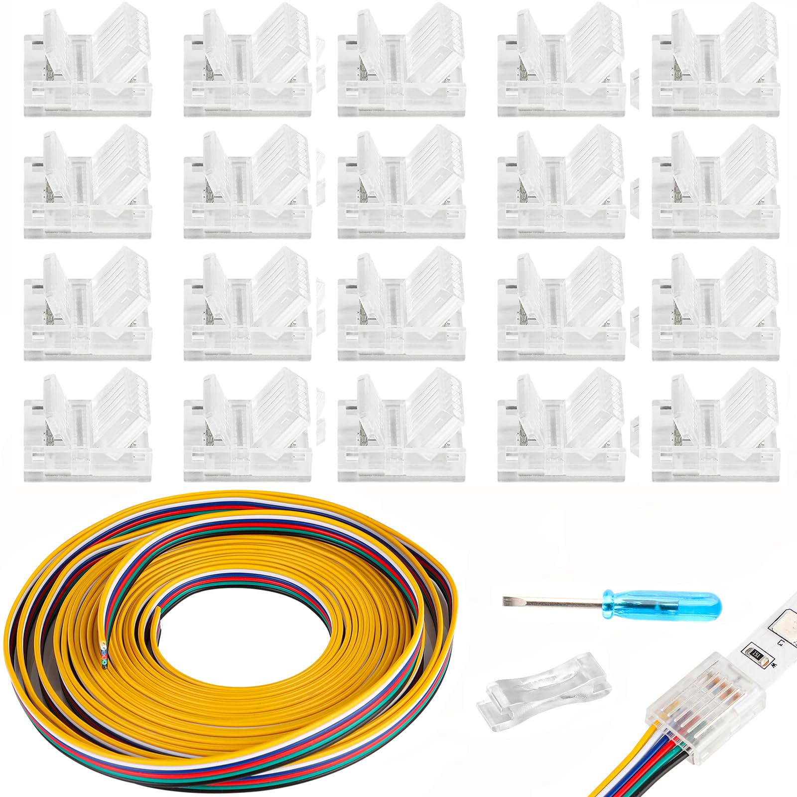 HOMELYLIFE 6 Pin LED Strip Connectors Solderless 20 Pack with 16.4ft Extension Cable 6 Conductor for Waterproof or Non-Waterproof 12mm Wide LED Strip Lights,Transparent Track Lighting Connectors