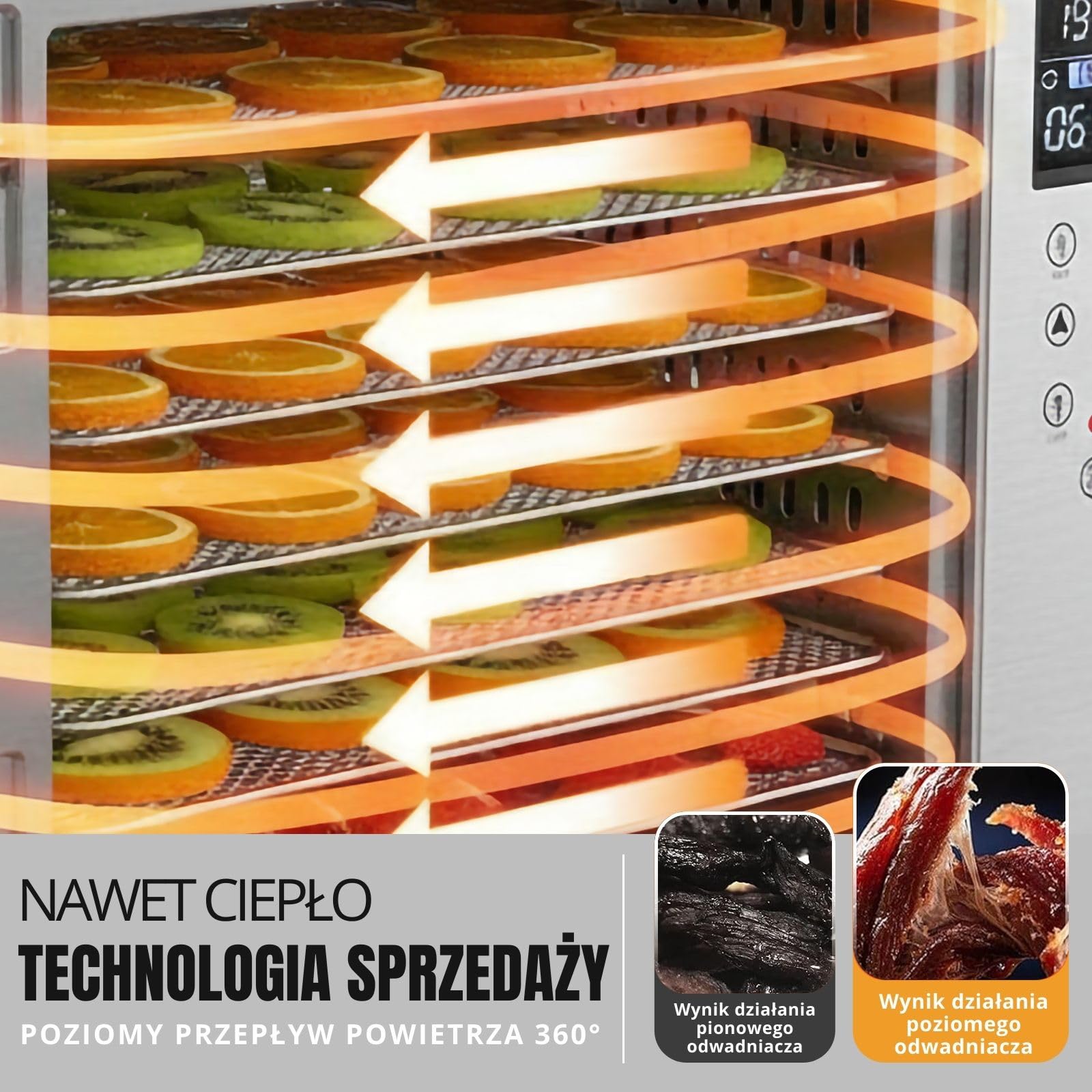 suszarka do żywności ze stali nierdzewnej, 6 tacek, 500 W, wyświetlacz LED, 20 – 90 °C, 24-godzinny timer, cicha praca, łącznie z tacką ociekową i matą osuszającą do owoców i mięsa