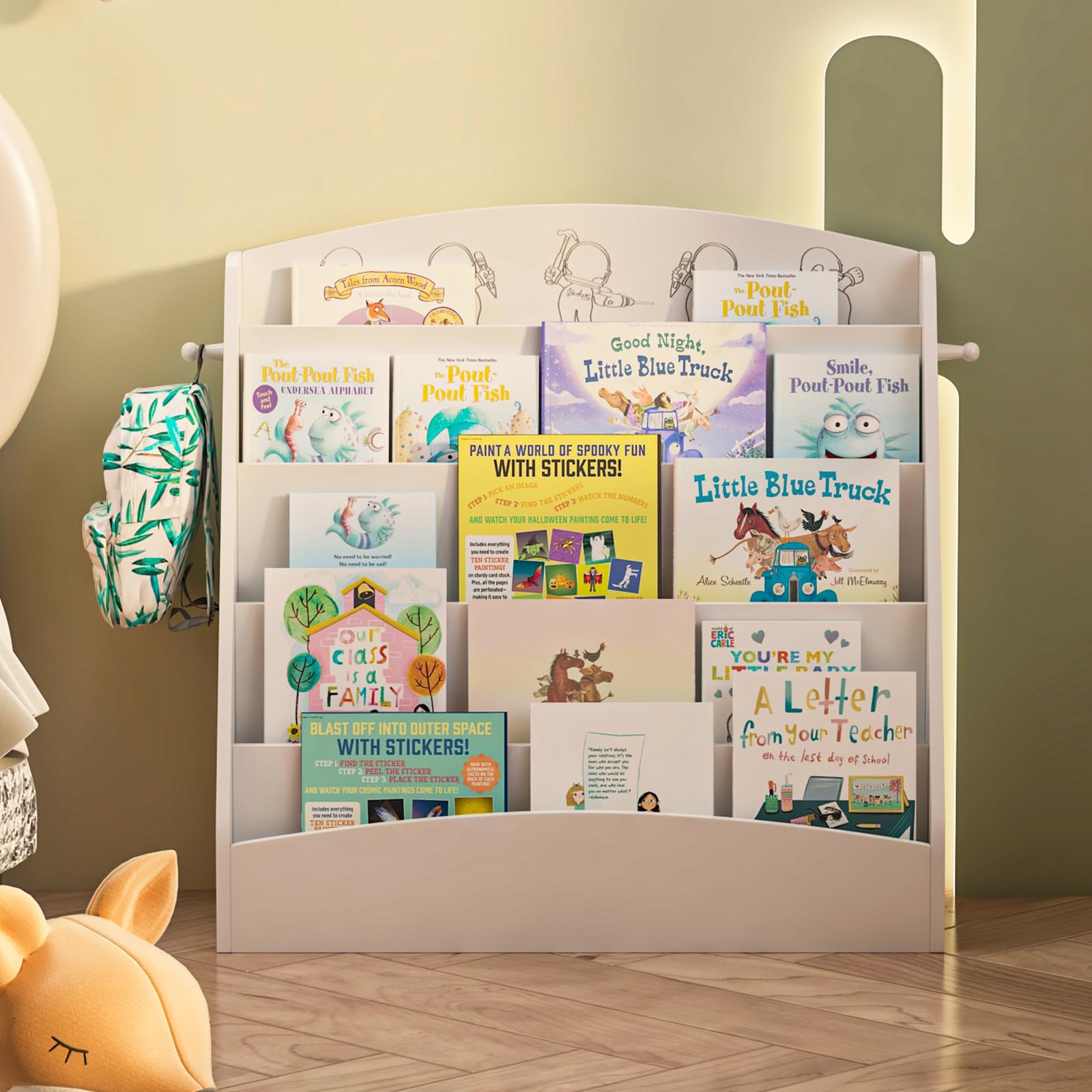 KEEPREAPER Kinder Bücherregal mit 5 offenen Fächern und Haken, Kinderregal Holz, Montessori Aufbewahrungsregal für Kinderzimmer, 80x30x75cm (Weiß)