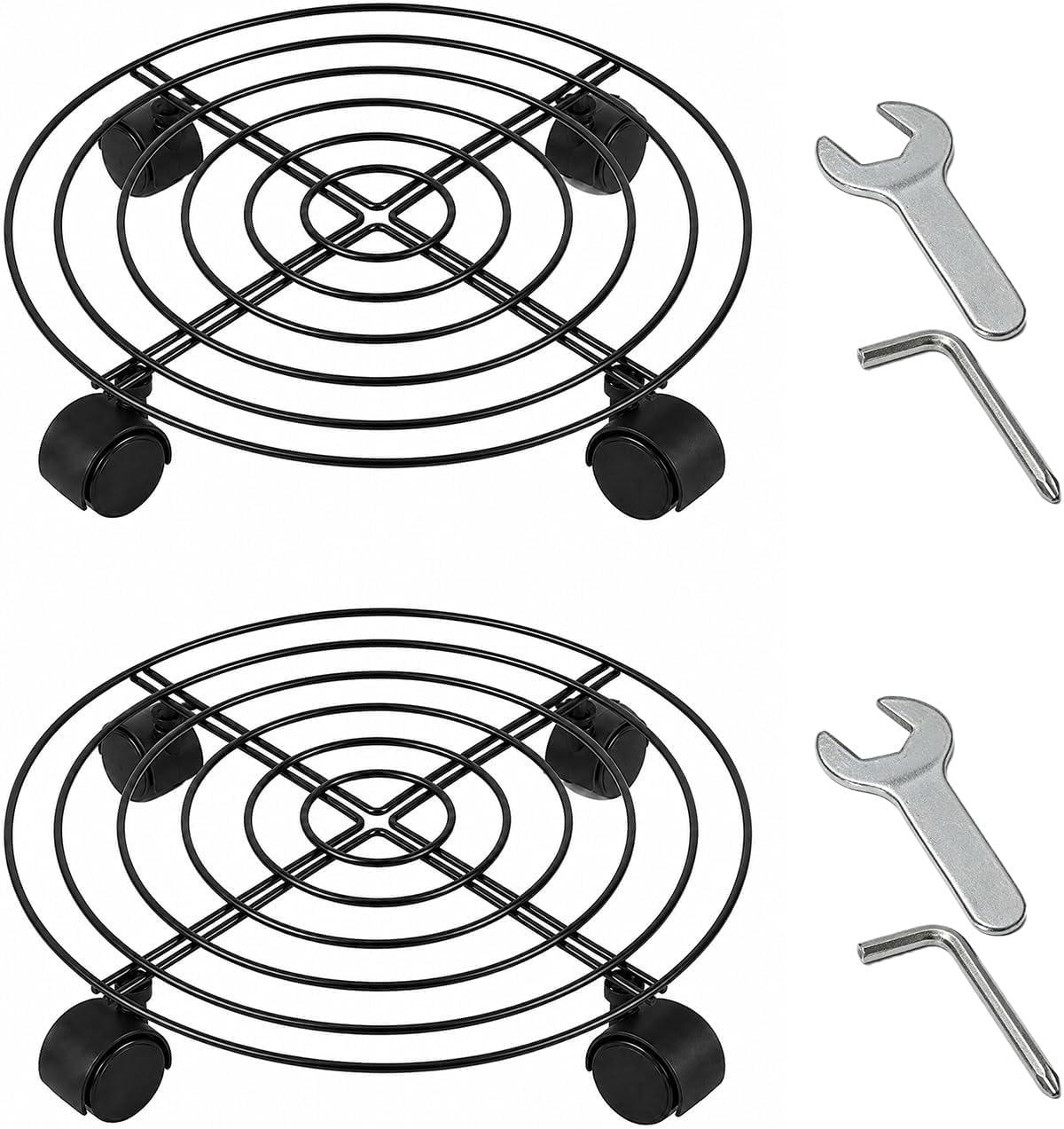 HAYAN 3 Pack Plant Caddy with Wheels 27cm Round Metal Potted Trolley Heavy Duty Movable Metal Plant Dolly for Indoor Outdoor Home Garden Tools (BLACK 38CM 2PCS)