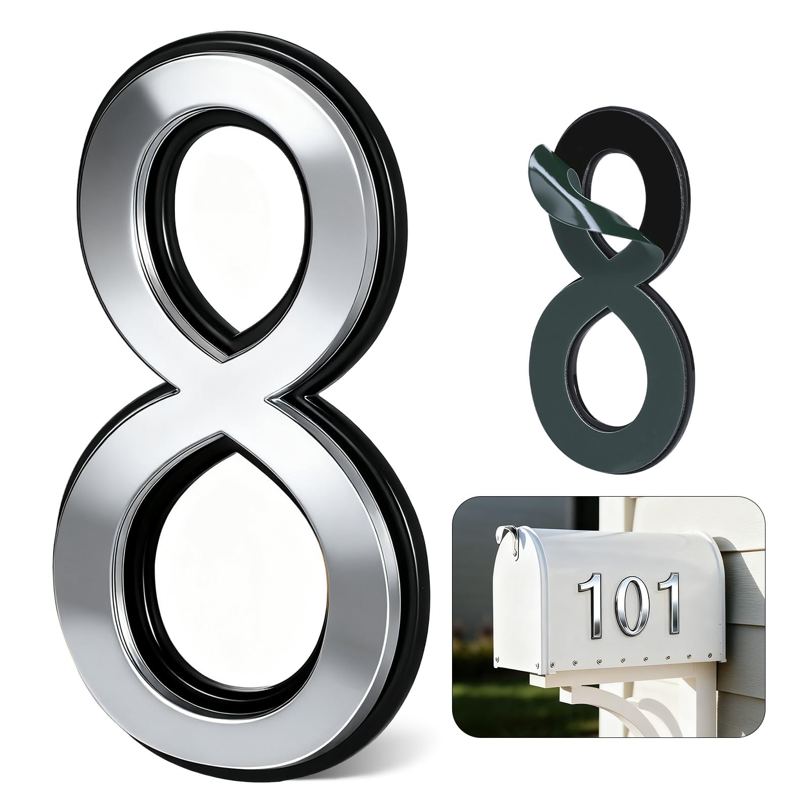 4 Inch Silver House Numbers for Outside, VONDERSO Self-Adhesive Mailbox Numbers with Exclusive Electroplated Finish and Durable ABS Base, for House Plaques, Mailbox, Yard, Garage – Plaque Number ‘8’
