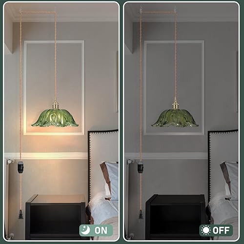 Miniatura 5 de Lámparas colgantes enchufables, lámpara colgante con cable interruptor de encendidoapagado, pantalla de cristal verde E26, iluminación colgante para
