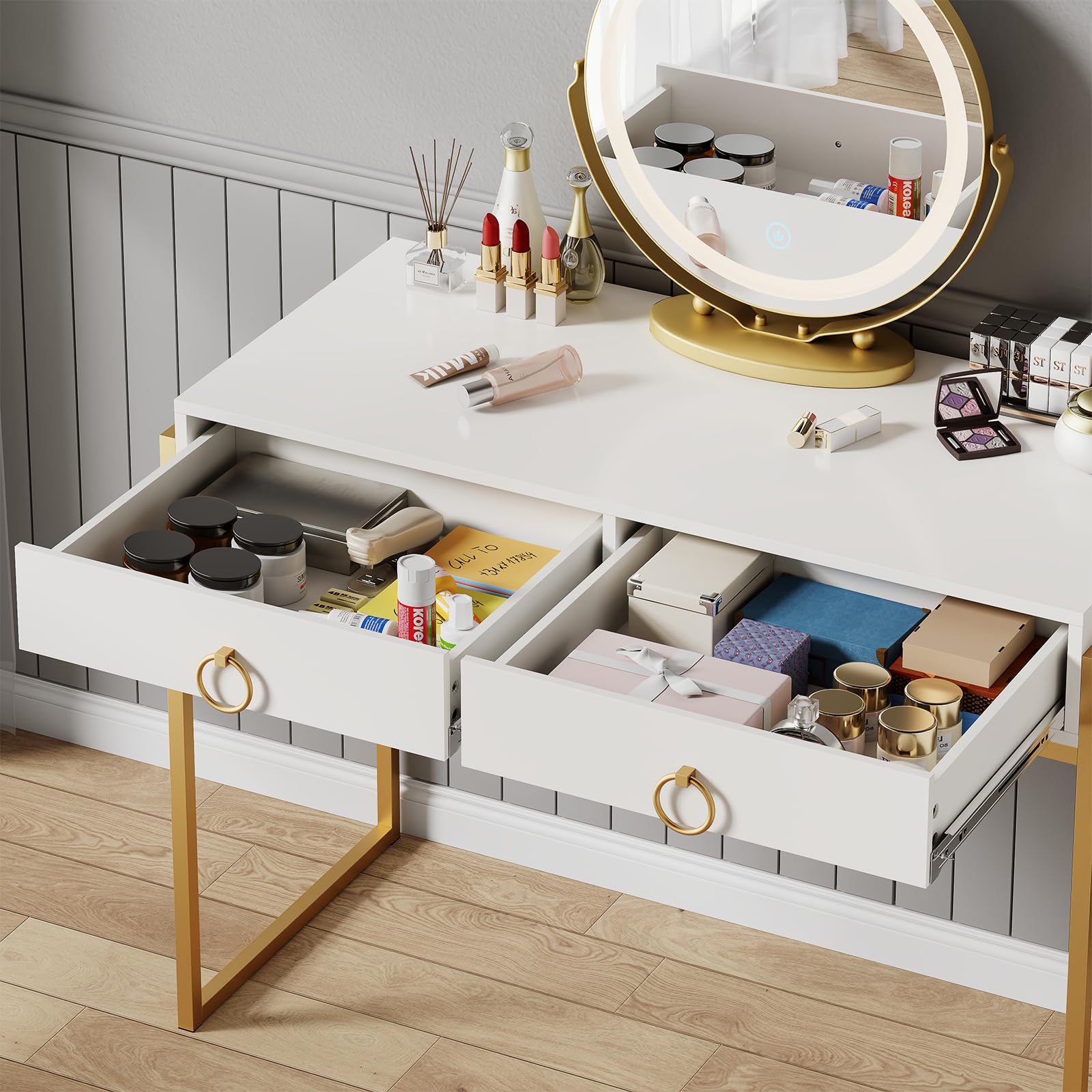 Scrivania per computer con cassetto, tavolo da toeletta da 106,7 cm per camera da letto, piccola scrivania per casa e ufficio, tavolo da toeletta moderno con contenitore, bianco