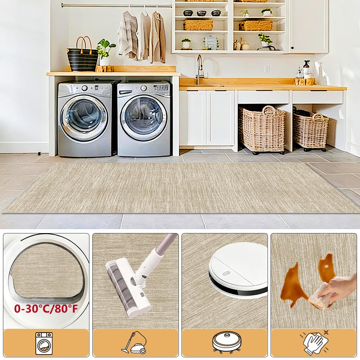 Tapis Couloir Long 70 x 250cm Tapis de Cuisine Antiderapant et Lavable Vintage Tapis de Passage Tapis Cuisine Devant Evier Tapis de Sol Tapis Porte Entree Interieur Tapis Chaise de Bureau Beige