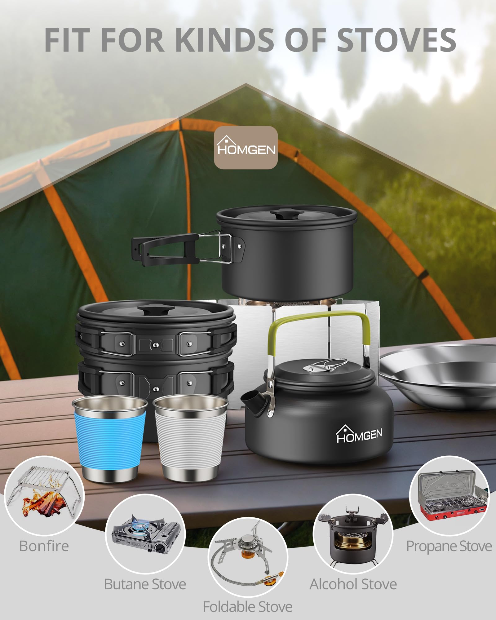 HOMGEN Set di pentole da campeggio per 1-2 persone, 13 pezzi, in alluminio, con pentole, bollitore, piatti, ciotole, protezione antivento, per esterni, campeggio, escursionismo, picnic, portatile