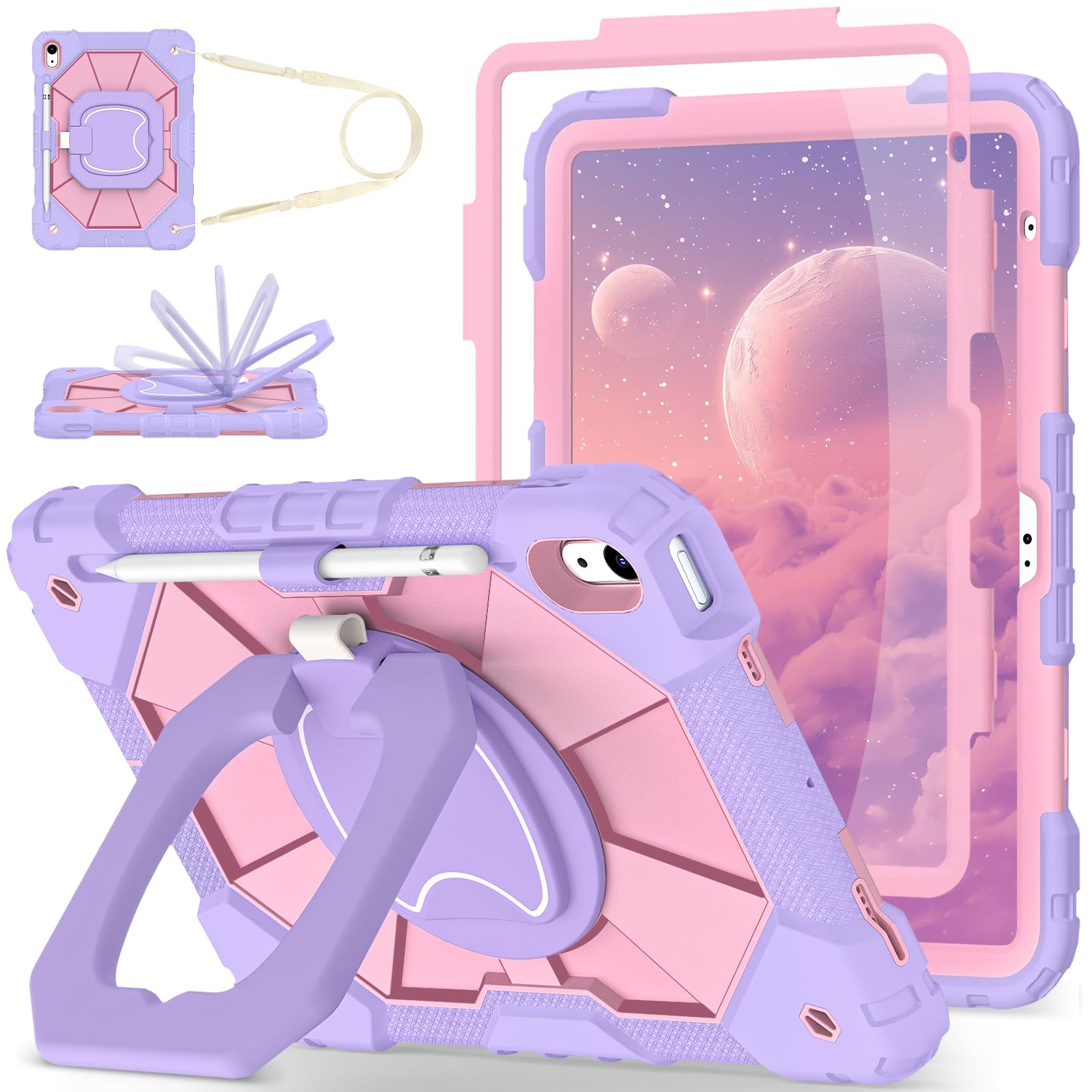 WESOROL Case for iPad (A16) 11th/10th Generation 2025/2022 with Screen Protector Rotating Stand Pencil Holder iPad Case 10th Generation Shockproof Cover for iPad 11th/10th Gen Cases,Purple Rose