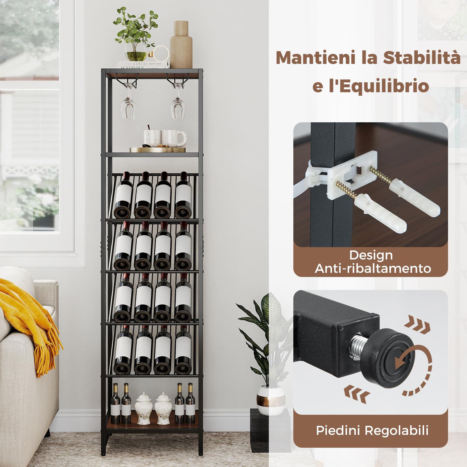 COSTWAY Portabottiglie da Terra a 7 Livelli, Cantinetta Portabottiglie di Vino con Portabicchieri e Piano d'Appoggio, per 16 Bottiglie, Scaffale Espositivo per Vino per Bar, Cucina e Sala da Pranzo