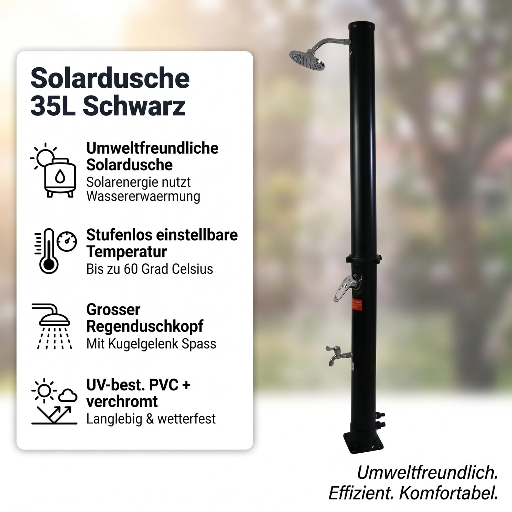 Mucola Solardusche Gartendusche mit Mischbatterie 35 Liter 218 cm Schwarz