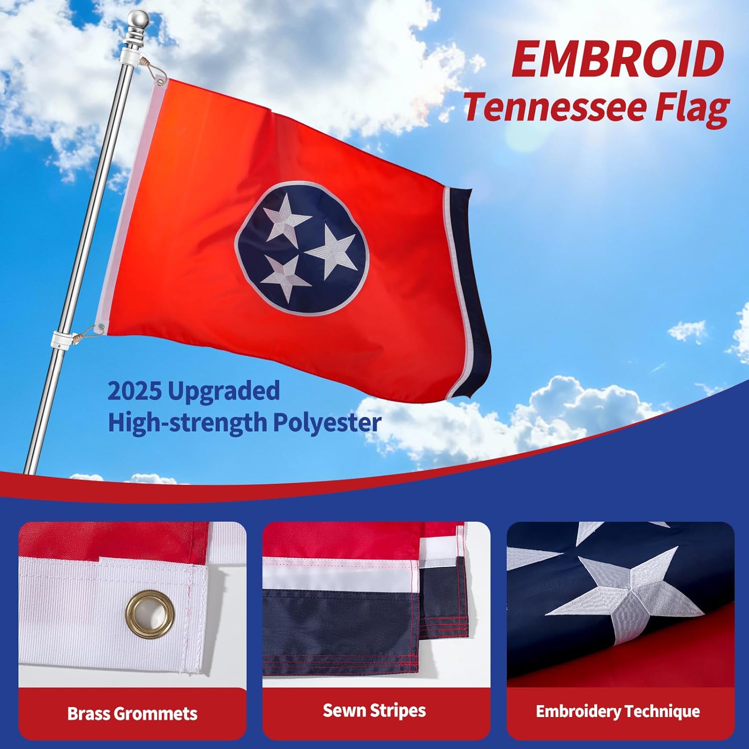 Tennessee Flag 3x5,Tennessee State Flag Outdoor,Embroidery Technique,Tear Resistant,Sewn Stripes and Brass Grommets,Upgraded High-strength Polyester Fabric,All Weather Durable State Flags. - Image 2