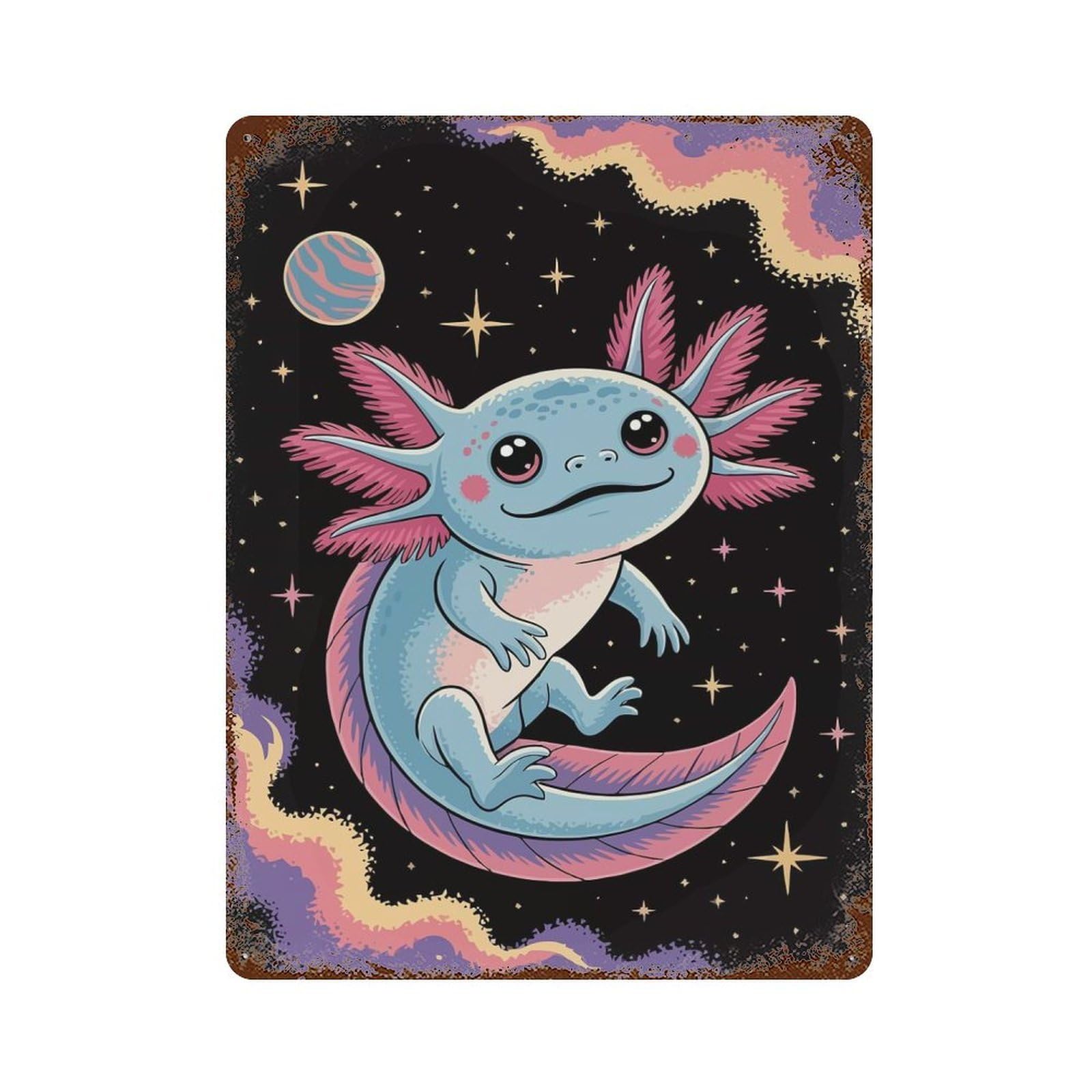 Weathered Tin Sign with Axolotl in Space Cartoon Illustration Design 15.7"x11.8", for Garage, Bar And Workshop Decor, Decorative Metal Wall Art