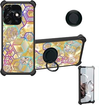 jioeuinly Case for Tecno Spark 10C Case Compatible with Tecno Spark 10C Phone Case Cover [with Tempered Glass Screen Protector][Ring Support][Colorful Reflect Light] IMDH-HSJ