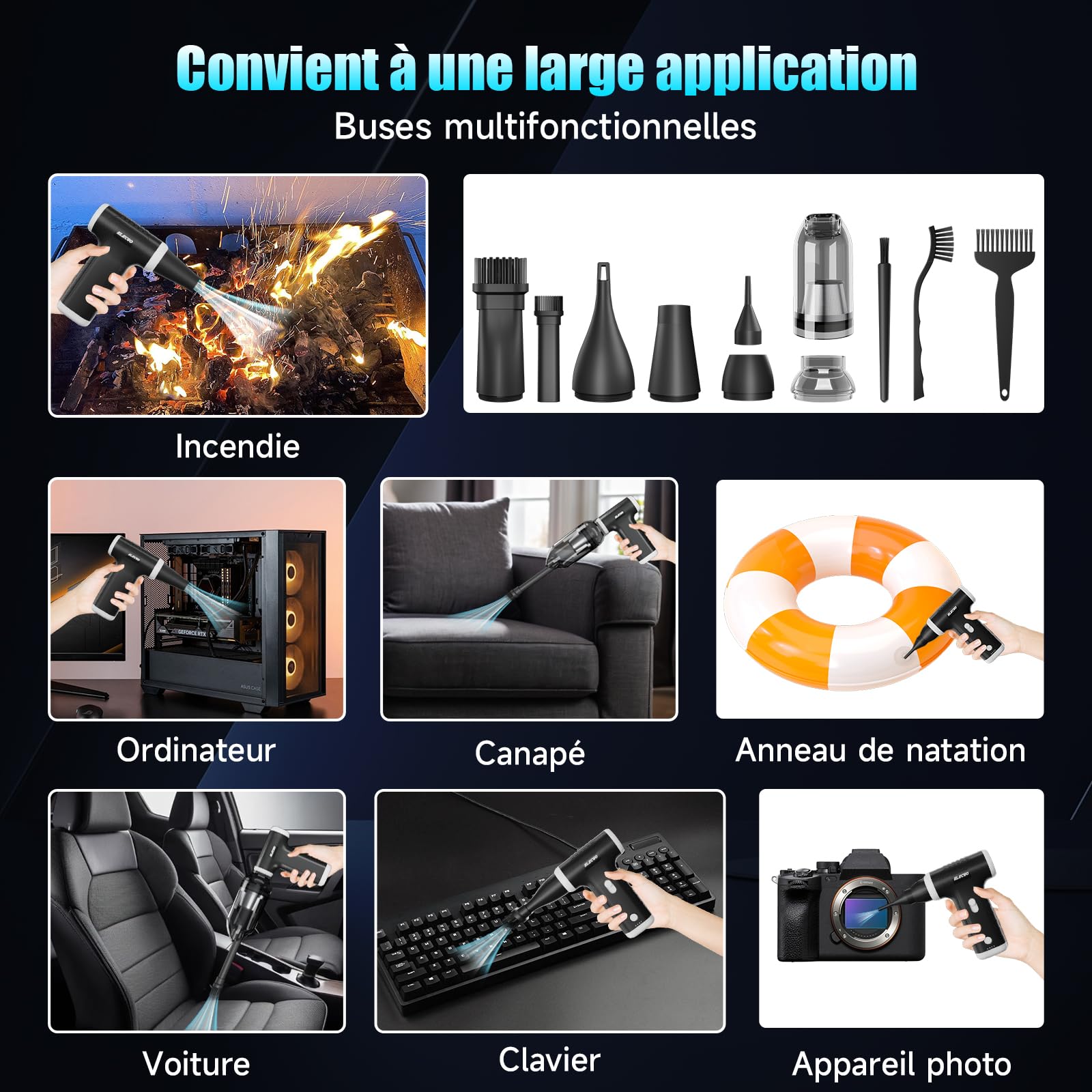 Soufflette Air Comprimé et Aspirateur 2 en 1, 150000 TR/Min Cordless Air Duster, 9000pa Aspirateur électrique avec moteur sans balais, vitesse réglable, Dépoussiérant pour Nettoyage PC, Voiture