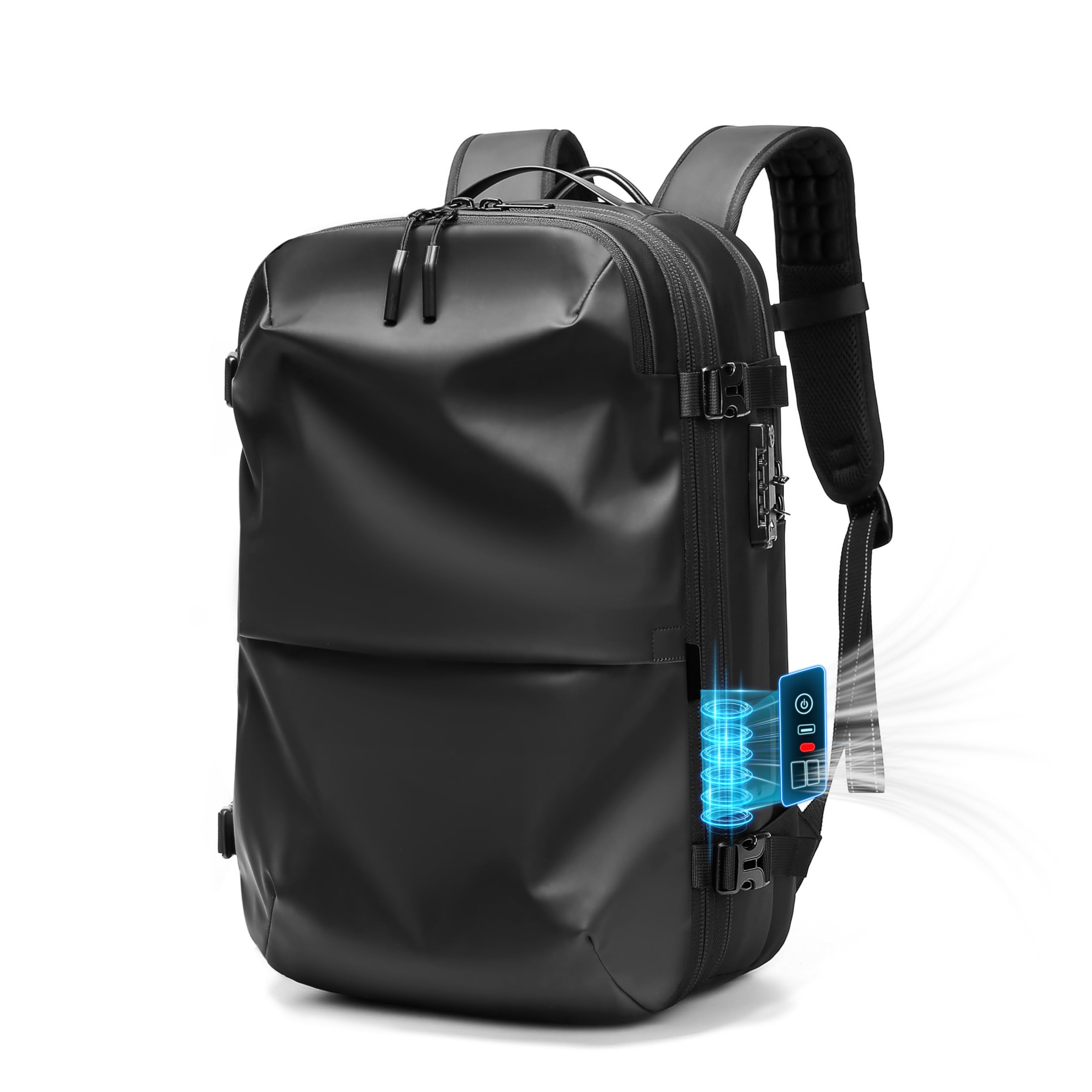 60L Vacuum Seal Travel Backpack Expandable Air Compression System, Water Resistant Airline Approved Carry-On Suitcase Luggage, Black - Vacuum Pump Included