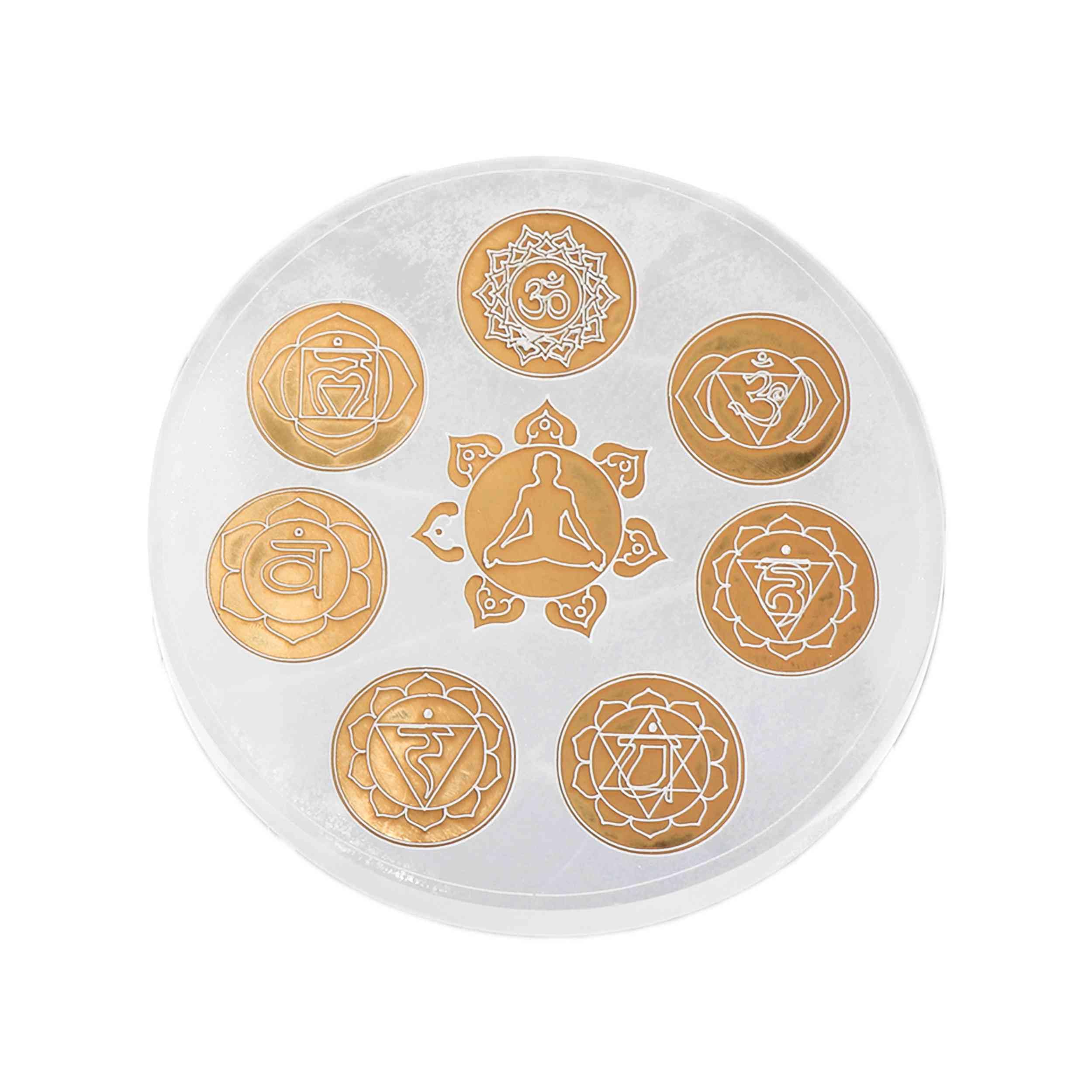 NKlaus Piastra Chakra in Selenite Ø 15 cm Incisa con i 7 Simboli Chakra e Figura Meditativa