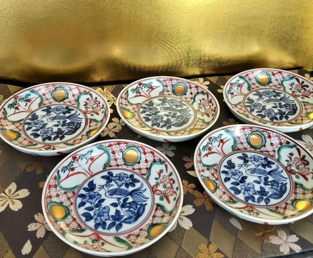 たち吉 呉須赤絵 花鳥金彩皿 5枚セット 古伊万里 和皿 色絵 中皿