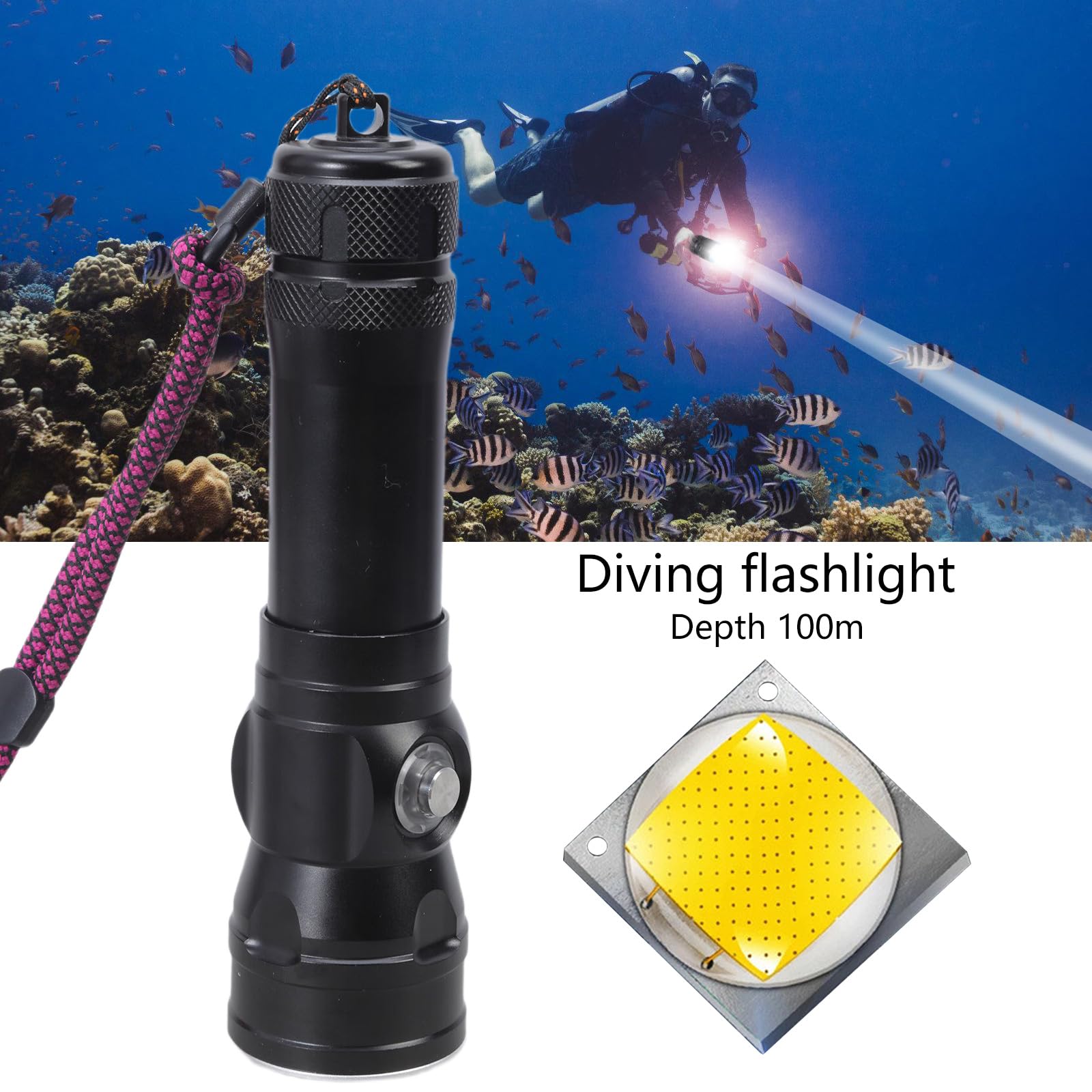 Torcia elettrica subacquea a LED con struttura in metallo e luce da pesca adatta per immersioni in mare e pesca