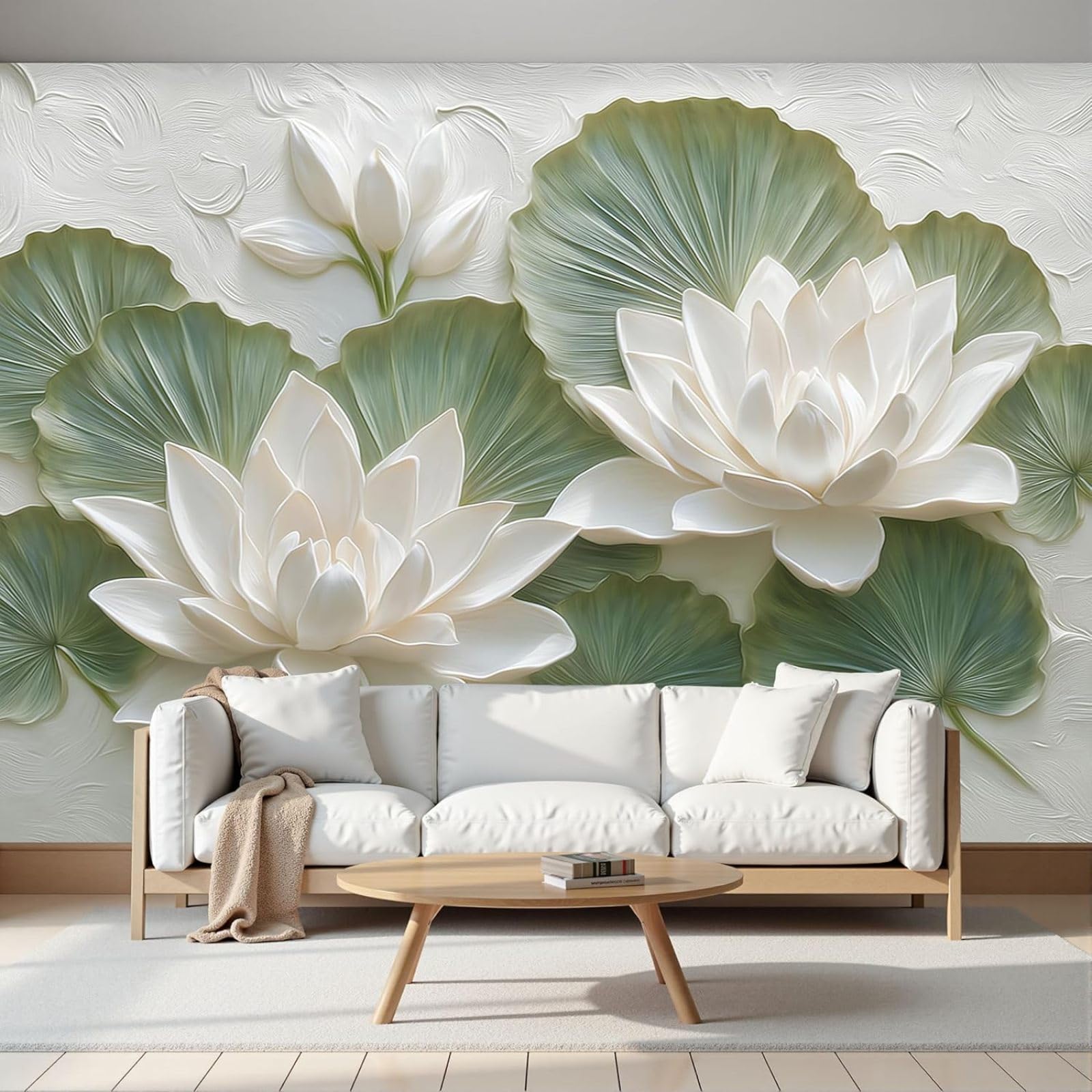Photo wallpaper, non-woven wallpaper, blooming lotus, 3D relief flowers, living room, hallway, TV background, XXL wall mural, poster, pictures, white, 300cm x 210cm, stickers - frameless painting - po