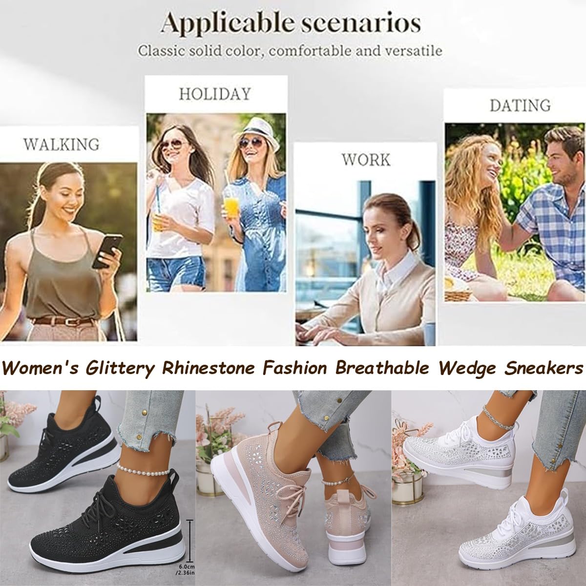 Tenis de cuña transpirables con diamantes de imitación brillantes para mujer, zapatos deportivos ortopédicos brillantes para boda, zapatos de tenis de punto
