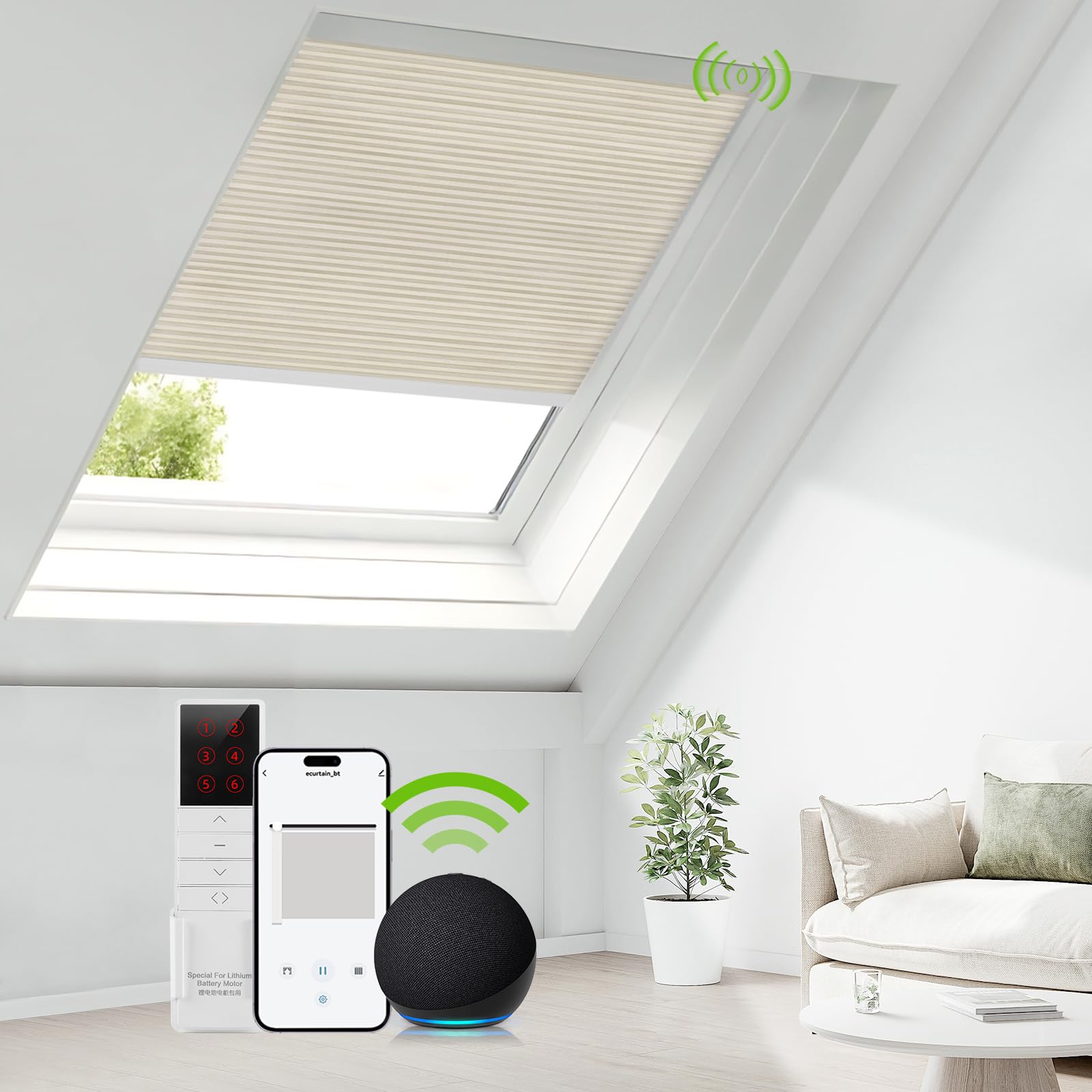 Motorized Skylight Shades Cellular Honeycomb Electric Blinds with Solar Panel Cordless Rechargeable Shades with Remote for Roof Inclined Plane Room Custom Size (LF Printed Wheat)