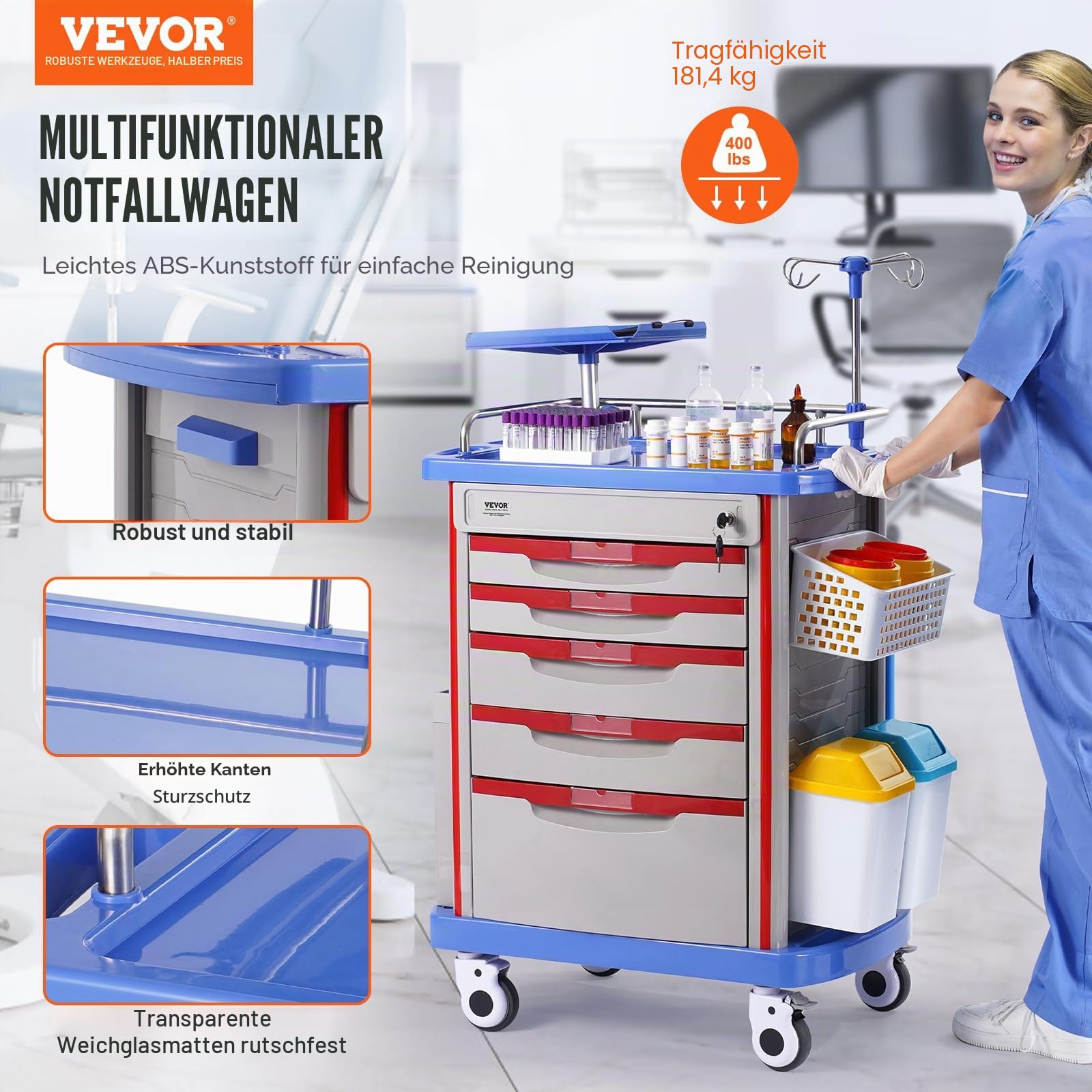 VEVOR Laborwagen Laborhilfswagen 5-stöckig, mobiler medizinischer Wagen aus PP-Material, mit 4 leisen Rädern & 5 Schubladen, Laborrollwagen Salonwagen für Labor, Klinik, Krankenhaus, Salon, Blau