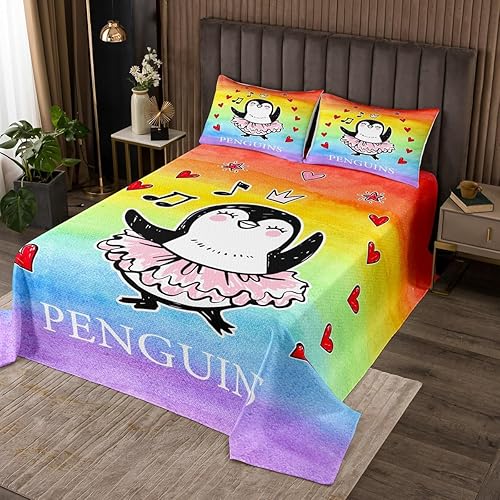 Colcha de pingüino de dibujos animados para niños, tamaño King, juego de colcha de acuarela de teñido anudado arco iris, decoración de habitación de