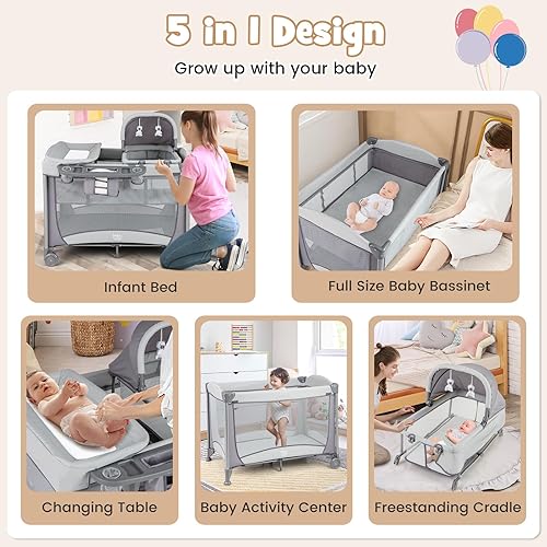 Miniatura 2 de BABY JOY 4 en 1 Pack and Play, corralito portátil para bebé con moisés y mesa cambiadora de pañales, moisés infantil centro de actividades para cuna