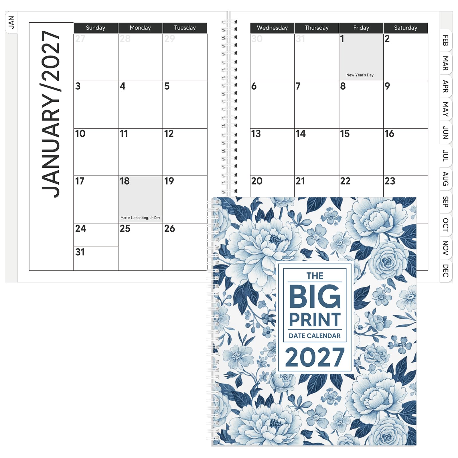 Fullhawl Large Print Calendar 2027, Blue Flowers