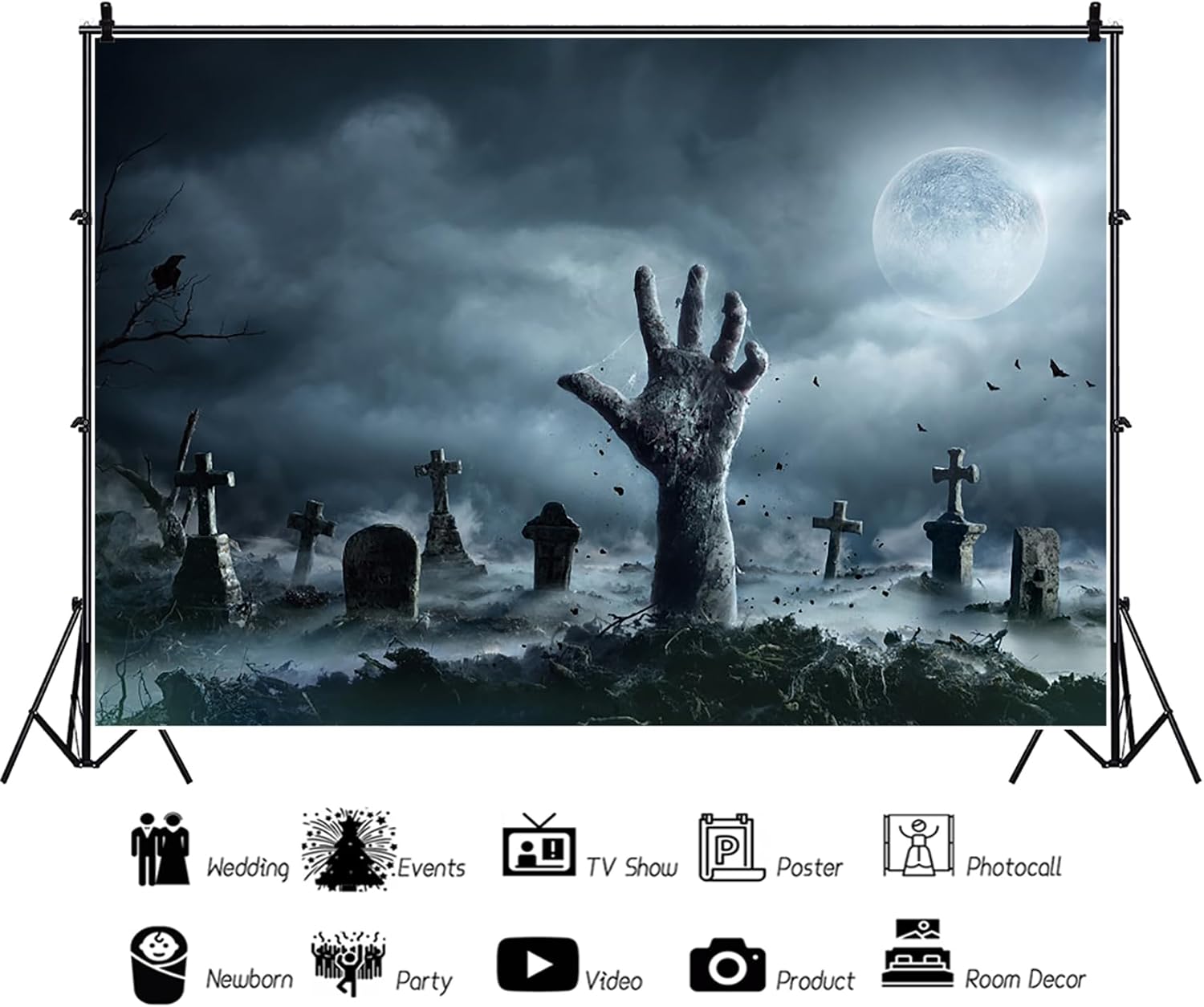 Renaiss 7x5ft Zombie Hand Halloween Backdrop Full Moon Cloudy Sky Graveyard Undead Photography Background Horror Party Decors Gray Cold Gloomy Night Photo Studio Props for Kids Man Woman Portrait