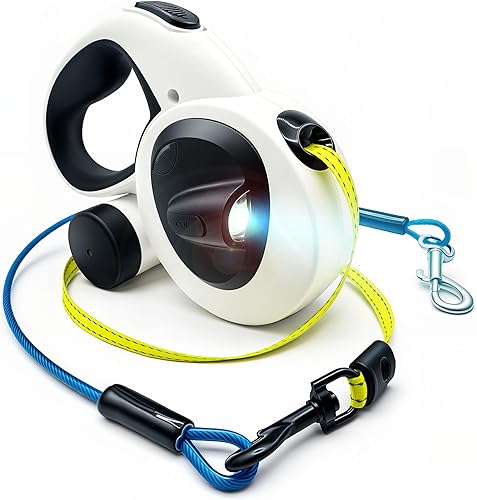 Snuggle Paws - Correa retráctil para perro de 16 pies de alta resistencia, todo en uno para perros medianos de hasta 66 libras, linterna LED y cinta