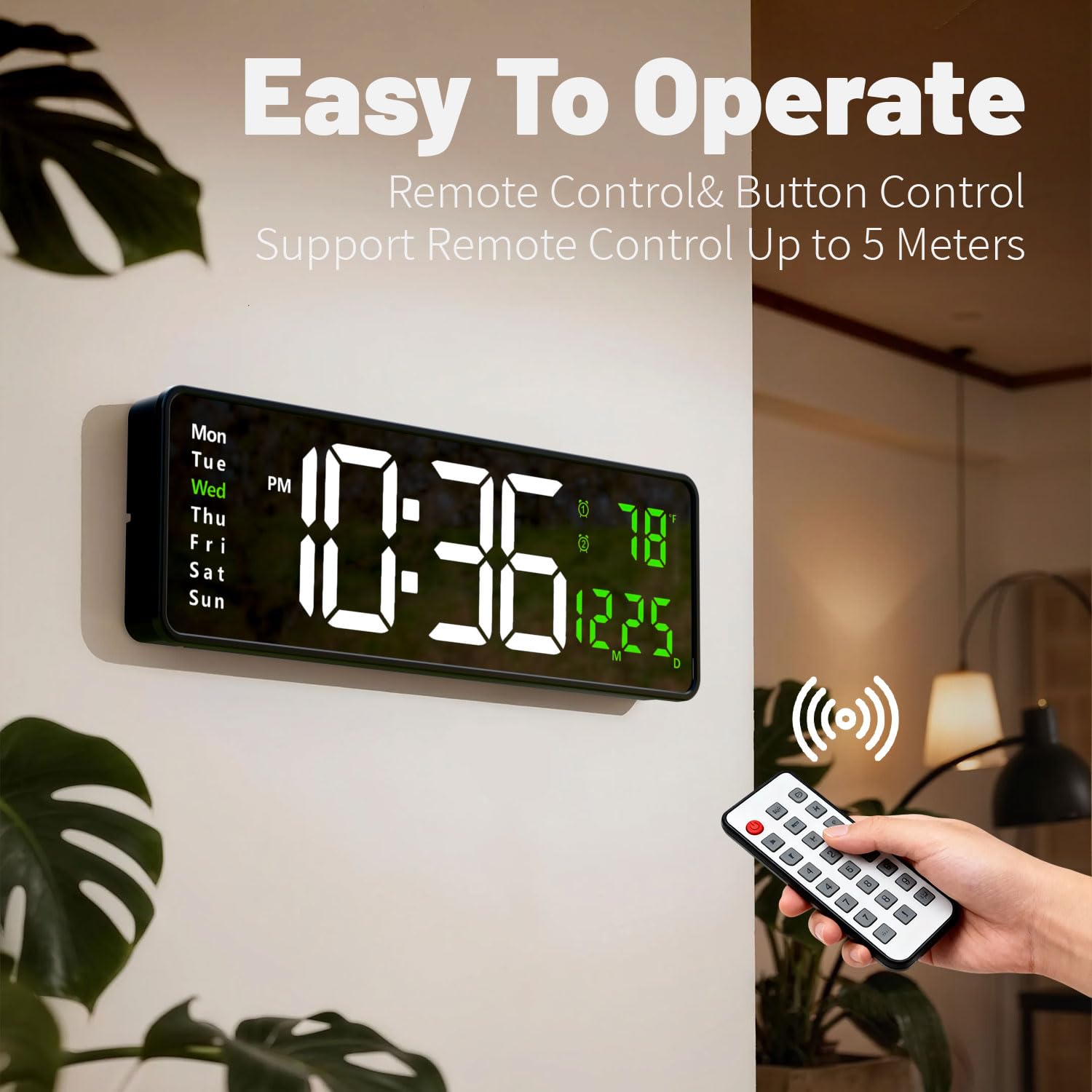 Orologio da parete digitale con luminosità automatica, grande display a LED, orologio silenzioso per soggiorno, camera da letto, cucina, orologio da parete silenzioso con temperatura data, orologio