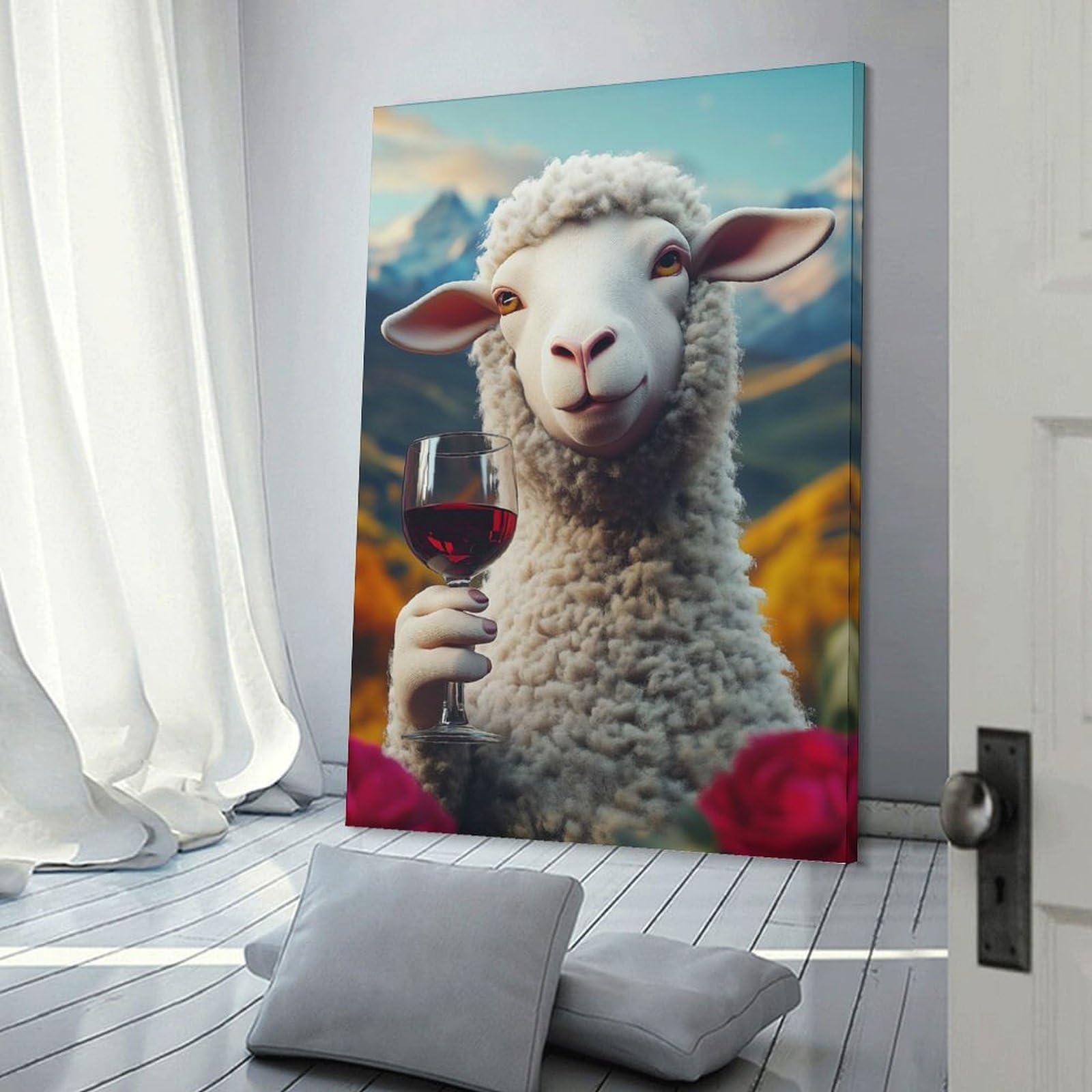 Junmoney Sheep with Wine Funny Meme Home Decor Wall Art 20x30inch(50x75cm), for Living Room, Bedroom Or Home Office, Decorative Present for New Homes