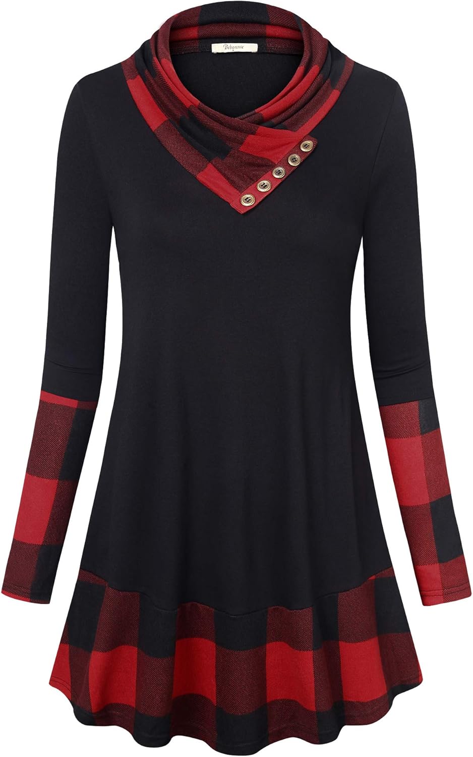 Bebonnie Cowl Neck Tunics Long Sleeve Patchwork Form Fitting Casual A-Line Top Blouse - Image 2