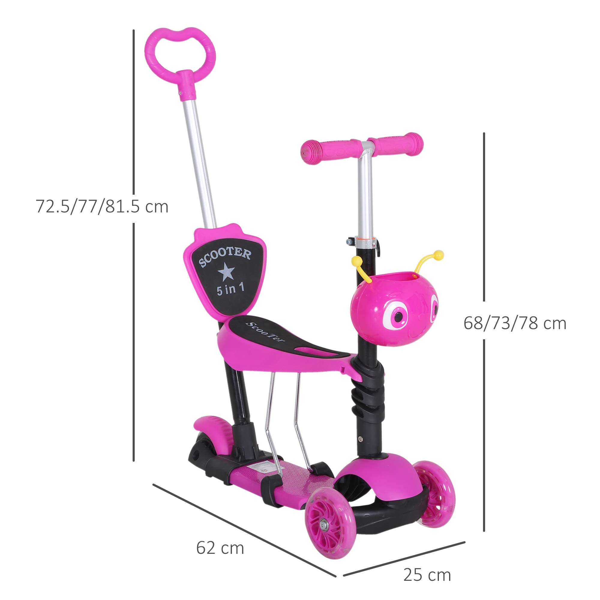 HOMCOM Monopattino 3 Ruote per Bambini con Sedile e Maniglione, Manubrio con Altezza Regolabile, 62x25x72.5cm Rosa