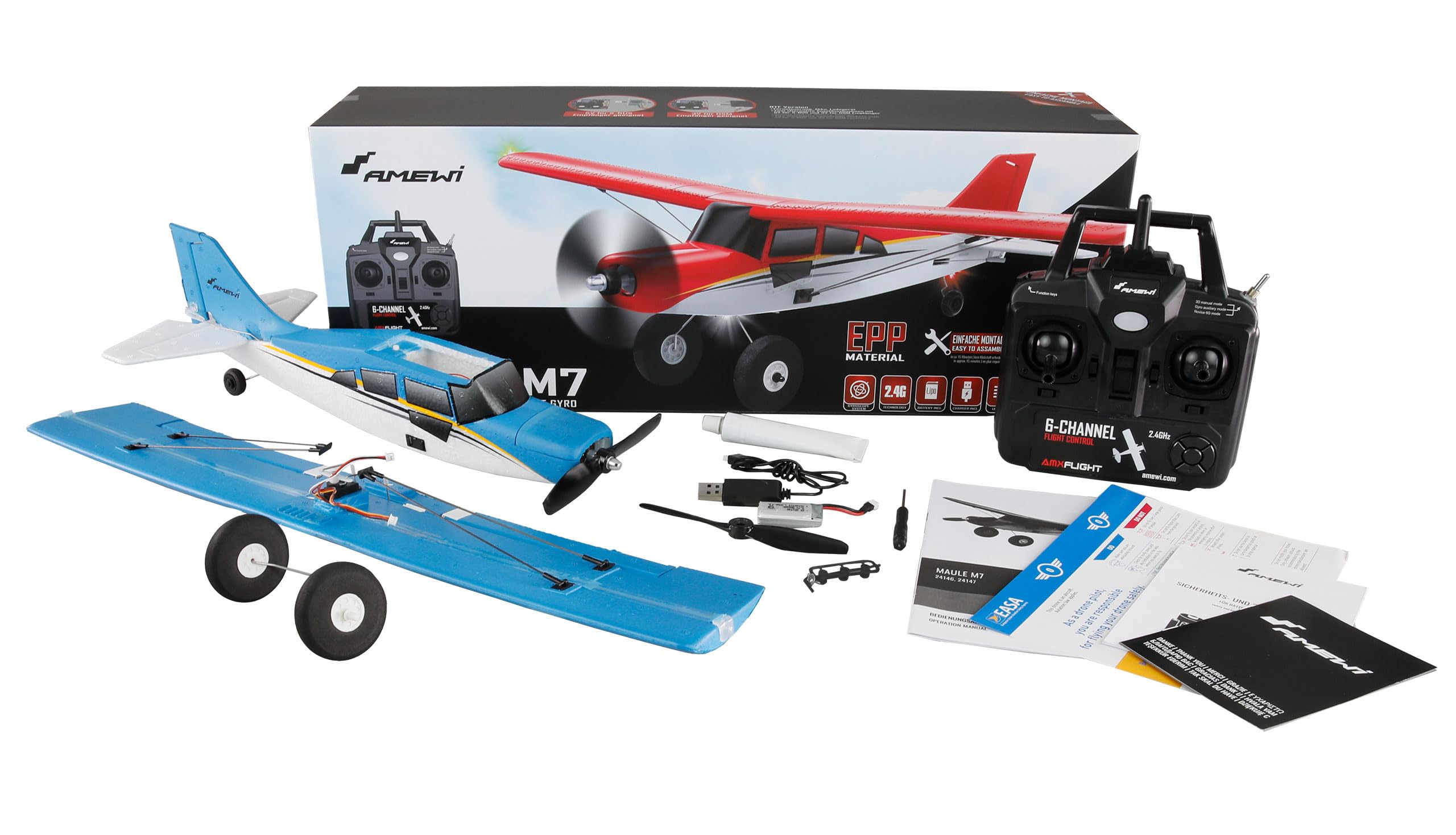 Amewi Maule M7 brushless 4 canali con giroscopio 3D/6G RTF blu telecomandato RC Aereo Aviatore