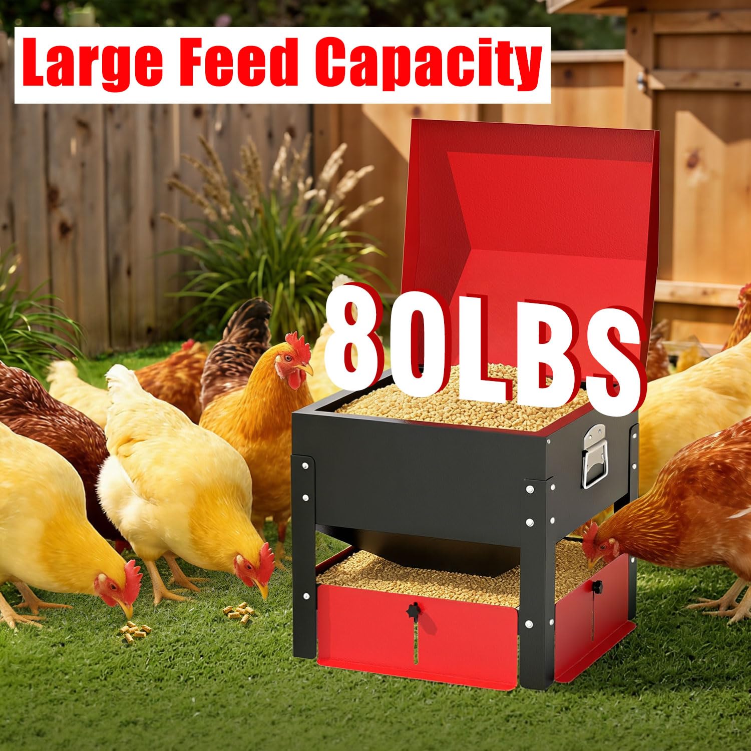 Comedero automático de pollo de 100 libras, acero galvanizado, resistente a la intemperie y tapa segura, comedero de aves de corral de gran capacidad para uso en exteriores, caja de alimentación sin