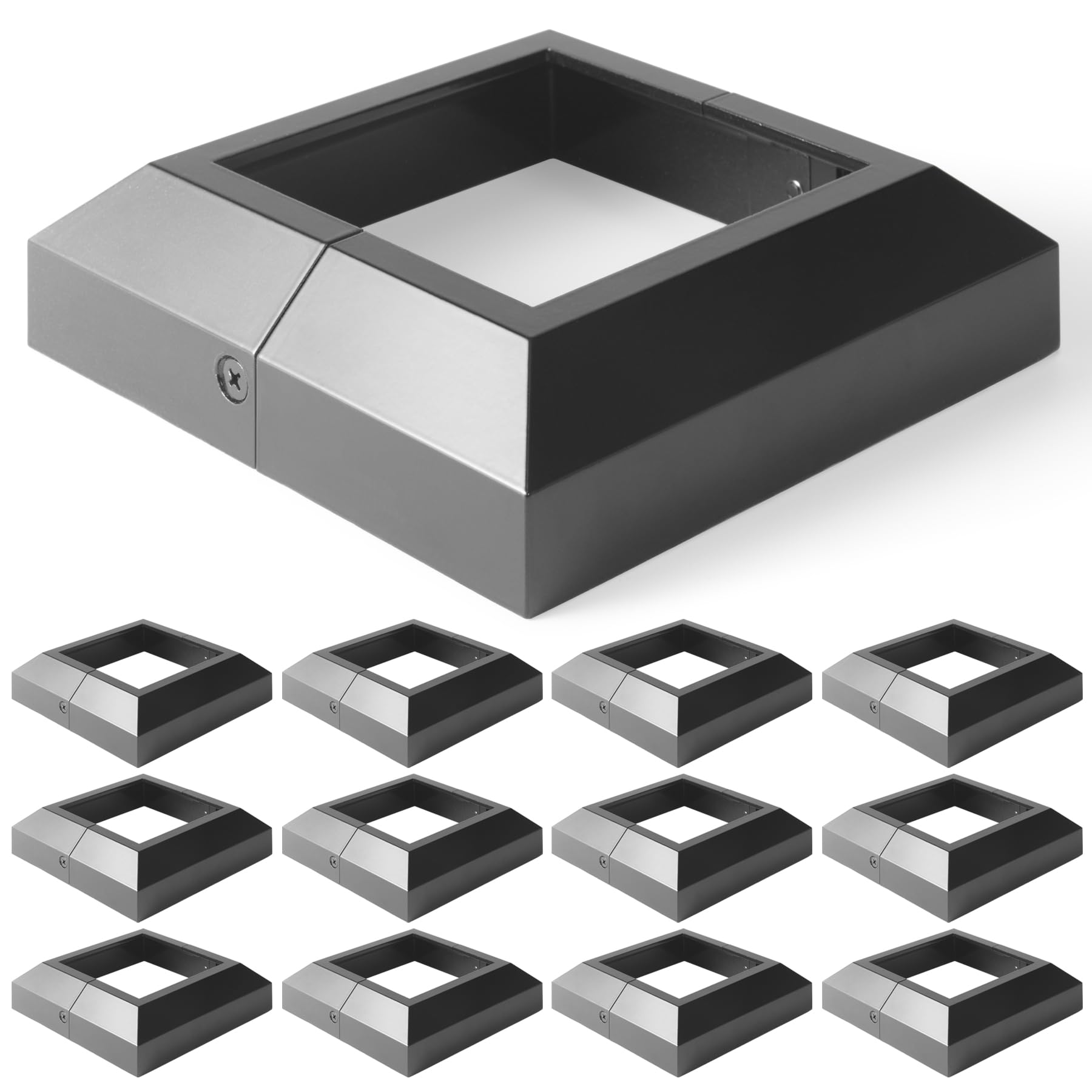 Photo 1 of Wocepu 12 pcs 4x4 (Actual: 4"x4") Aluminum Deck Post Base Cover, for Railings, Stairs, Patios, Porches, Split Deck Post Skirt (Black)