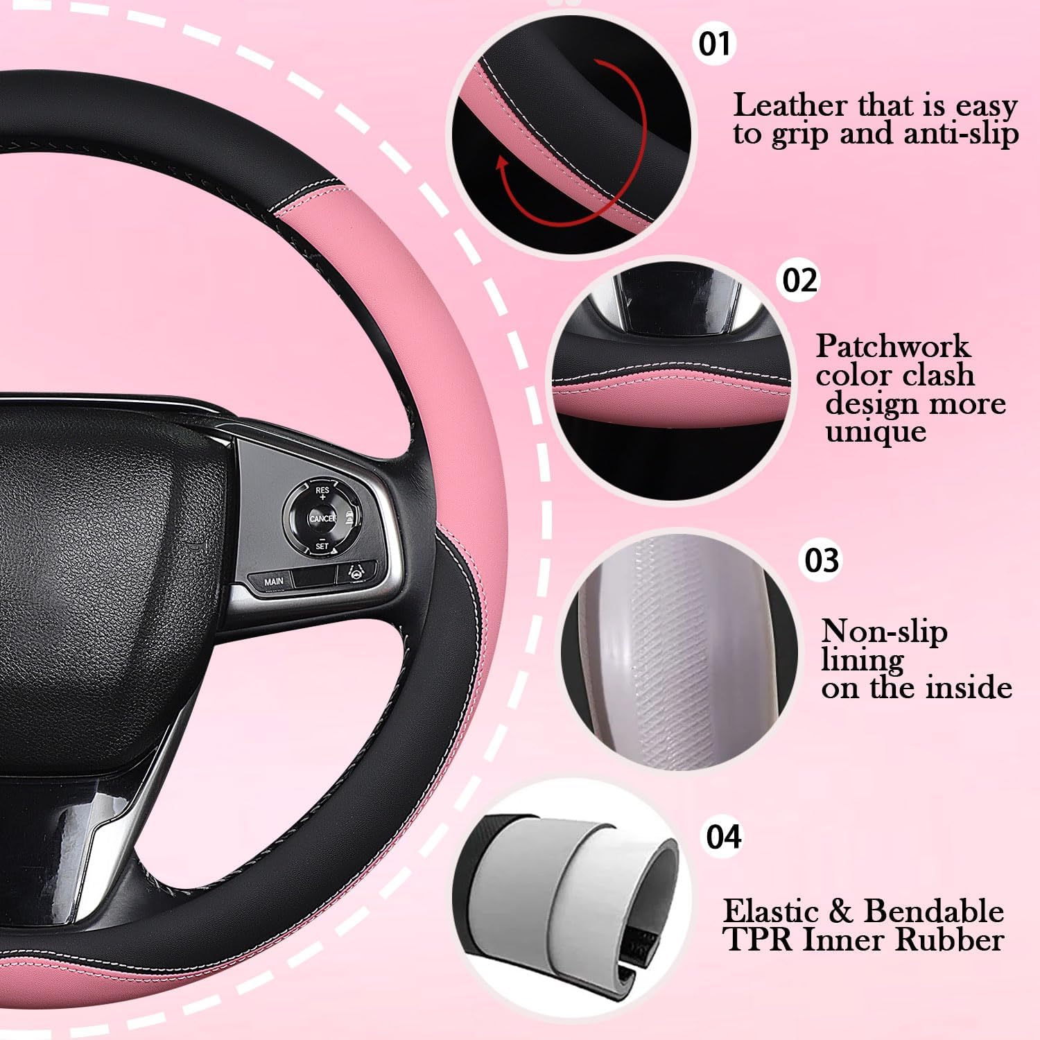 XL Size 16.5-17 Inch Steering Wheel Cover for Car, Van, Fits RV, Semi, Truck, Trailer, Bus, Big Rig Trucker, Classic Cars, Faux Leather Steering Wheel Grip Anti-Slip Design (Pink) image 4