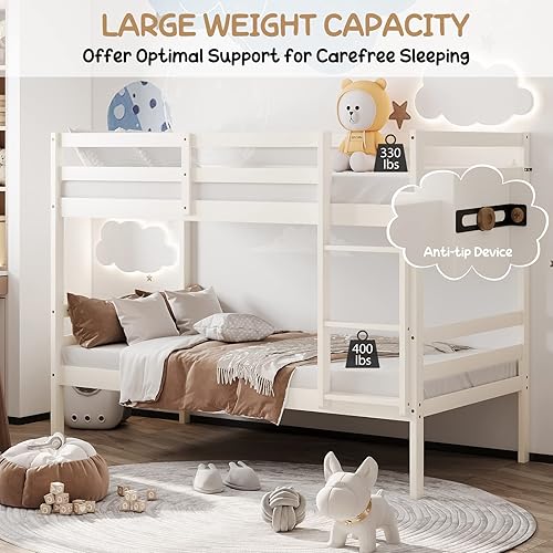 Miniatura 5 de KOMFOTT Litera de madera individual sobre individual, litera con escalera y barandilla de seguridad, marco de cama de madera maciza, ideal para