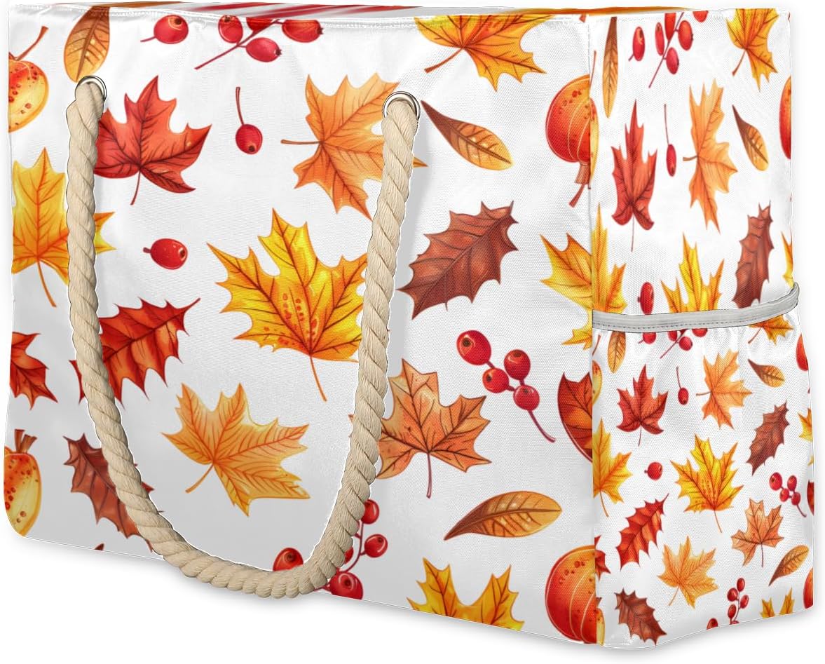 Colourful Maple Leaf Fruits Beach Bag for Women Waterproof Sandproof Tote with Zipper Cotton Rope Handles for Travel Pool Gym Shopping