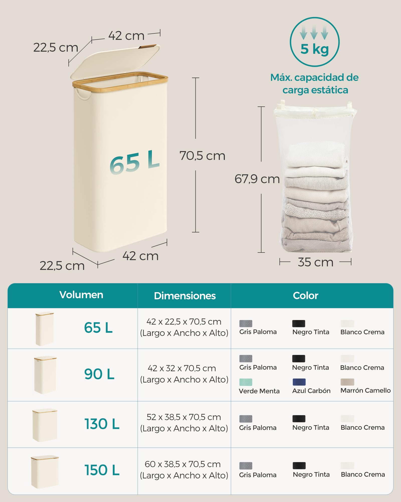 SONGMICS Cesto de Ropa Sucia con Tapa, Cesta Ropa Sucia Delgada, 65 L, Ahorra Espacio, Forro de Malla Extraíble, Tejido Oxford, Asas Bambú, Plegable, 42 x 22,5 x 70,5 cm, Blanco Crema LCB506W01