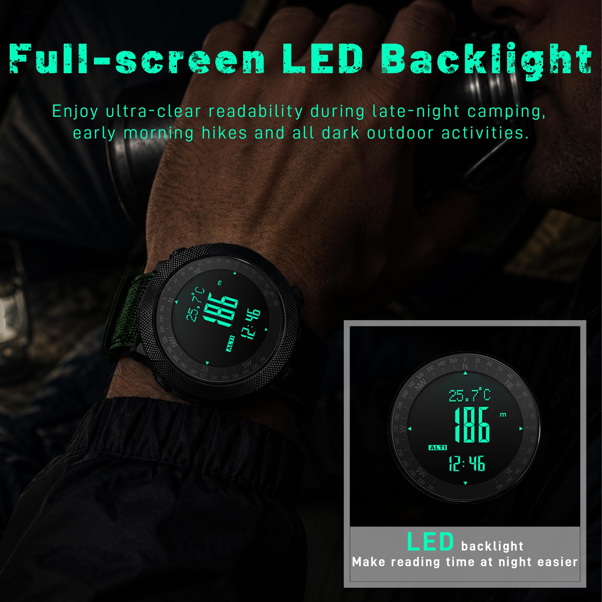 CakCity Montre numérique tactique militaire pour homme, grand cadran de 50 mm, boîtier en alliage de zinc avec bracelet en nylon double couche respirant, étanche 5 ATM, résistant aux chocs, altimètre
