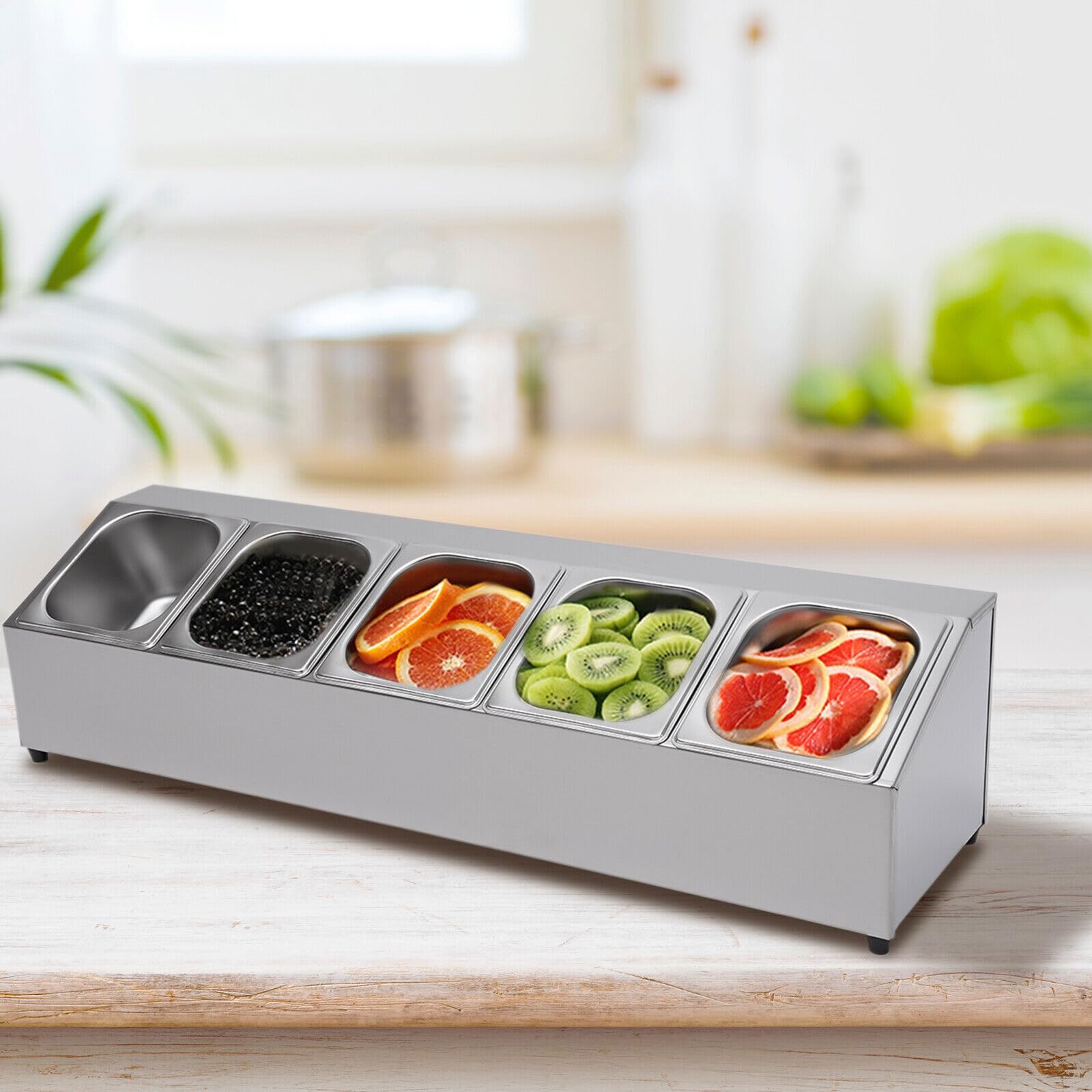 Recipiente de acero inoxidable GN con 5 recipientes GN y 5 tapas, recipiente gastronorm, recipiente para ingredientes, para restaurantes, tiendas calientes, tiendas de té con leche, fruterías