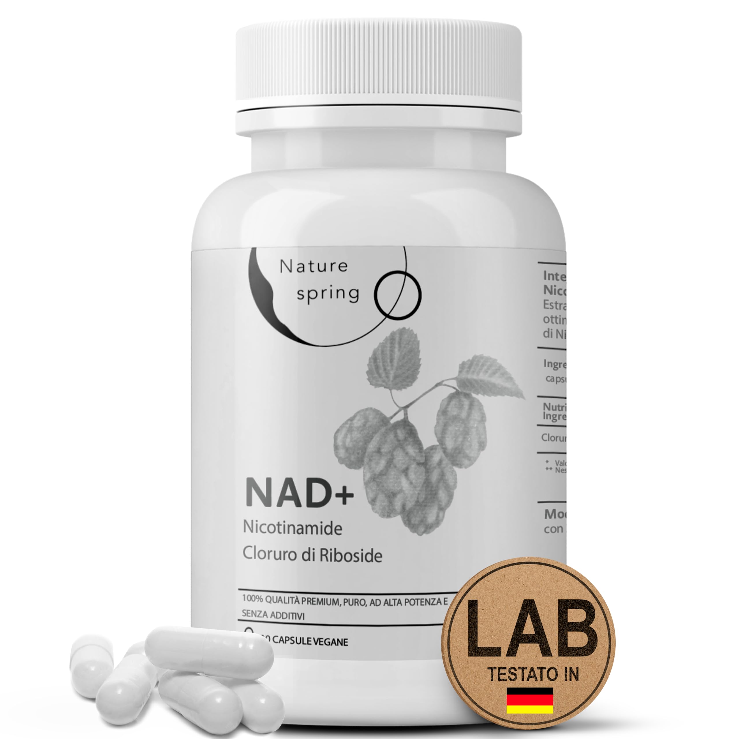 Nad Integratore Nicotinamide Riboside - 1.5 Mesi, 30 Capsule, 300mg per Capsula, Nad Nicotinamide Riboside 300 mg - Testato in laboratorio in Germania